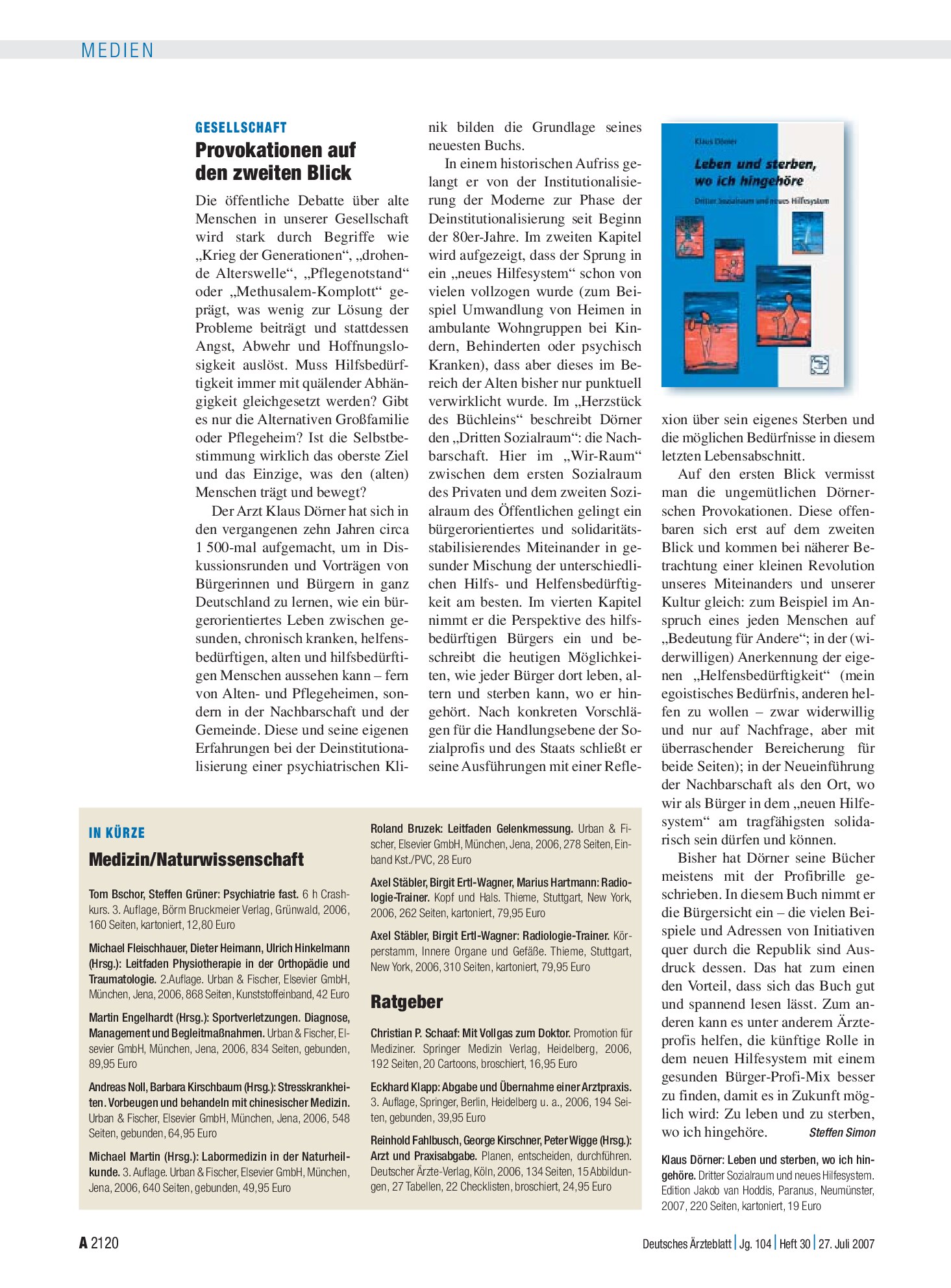Vorschauseite 1: In Kürze: Medizin/Naturwissenschaft – Deutsches Ärzteblatt