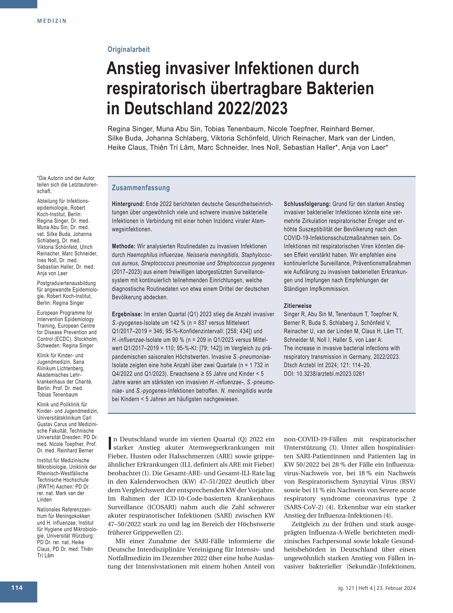 Vorschauseite 1: Anstieg invasiver Infektionen durch respiratorisch übertragbare Bakterien in Deutschland 2022/2023 – Deutsches Ärzteblatt