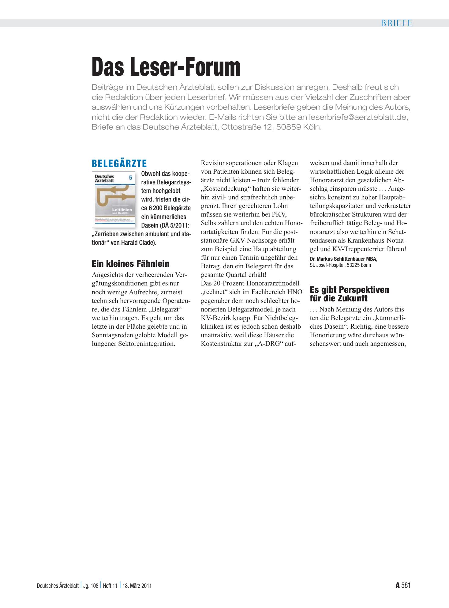 Vorschauseite 1: Belegärzte: Ein kleines Fähnlein – Deutsches Ärzteblatt
