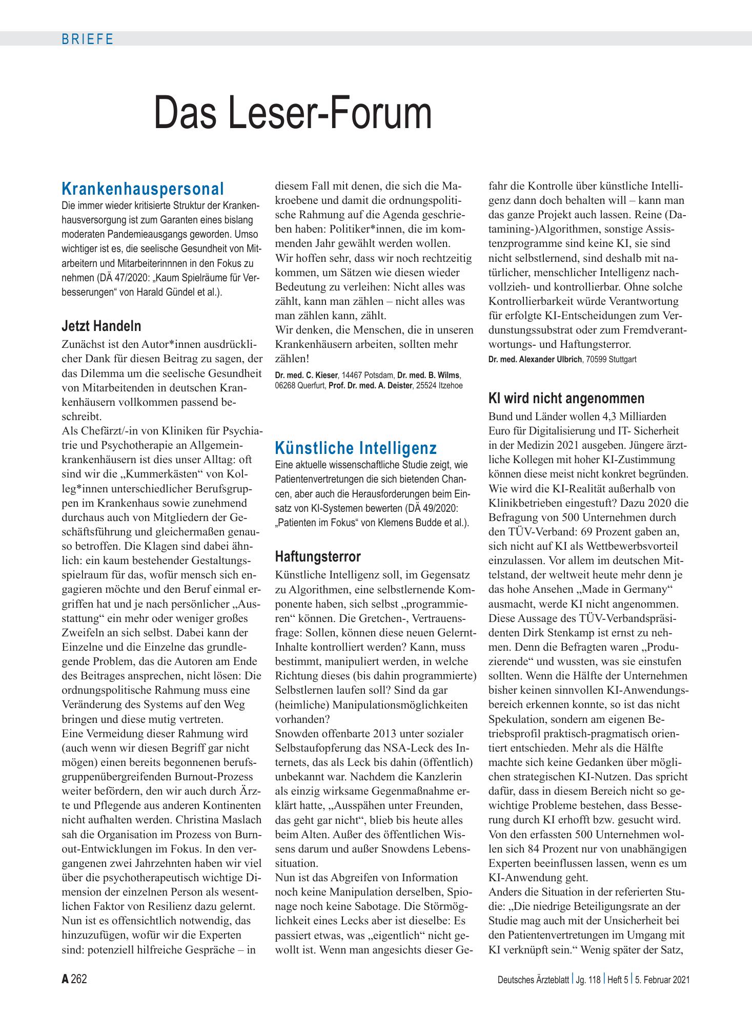 Vorschauseite 1: Künstliche Intelligenz: Haftungsterror – Deutsches Ärzteblatt