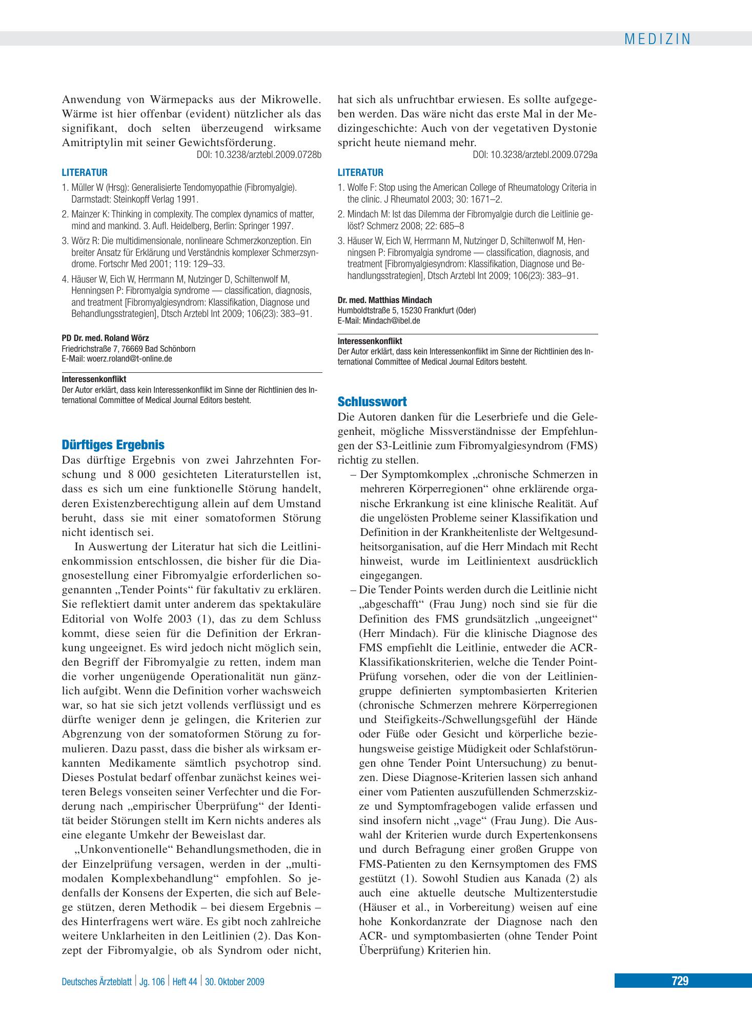 Vorschauseite 1: Fibromyalgiesyndrom – Klassifikation, Diagnose und Behandlungsstrategien: Schlusswort – Deutsches Ärzteblatt
