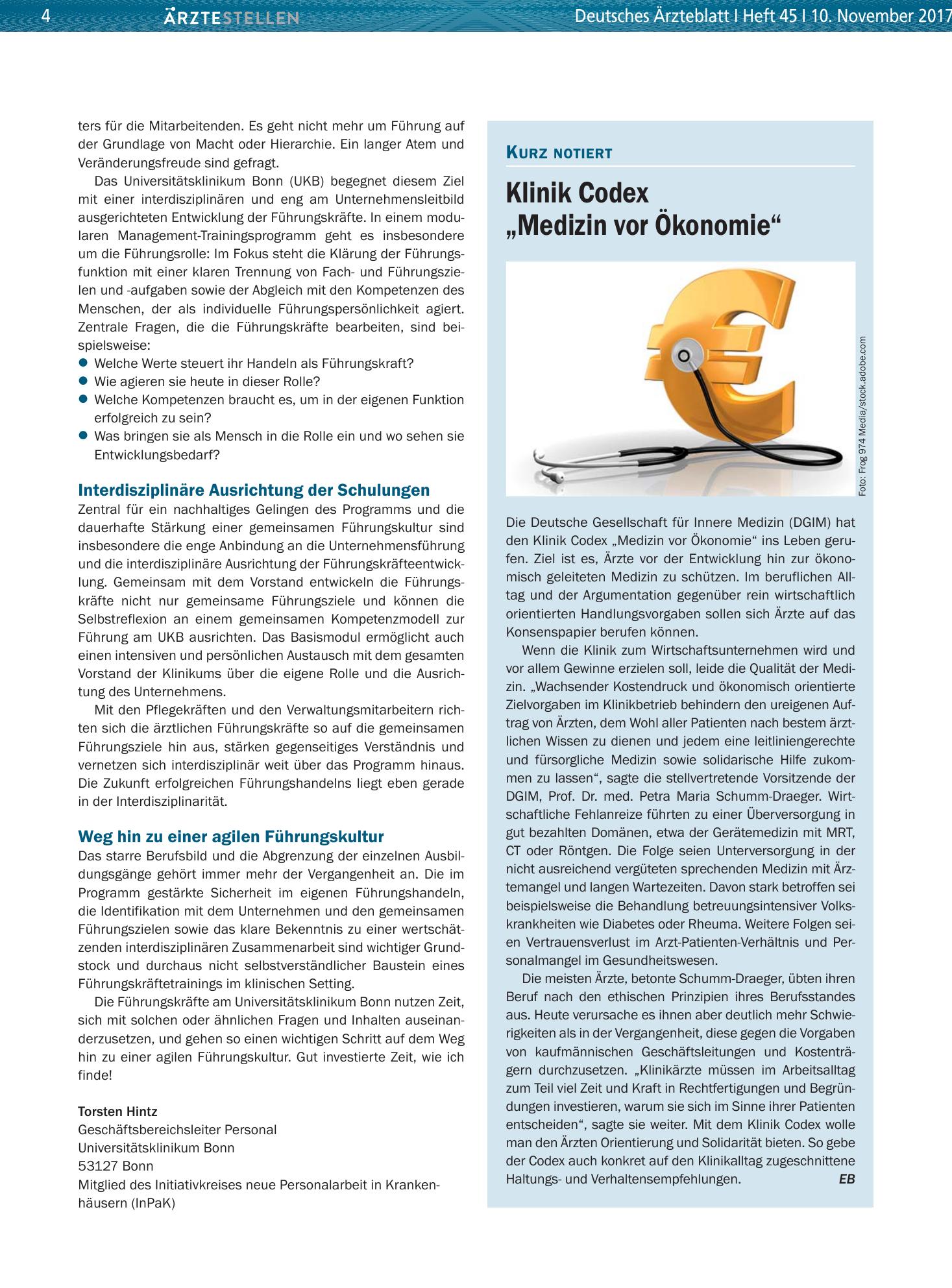 Vorschauseite 1: Klinik Codex „Medizin vor Ökonomie“ – Deutsches Ärzteblatt