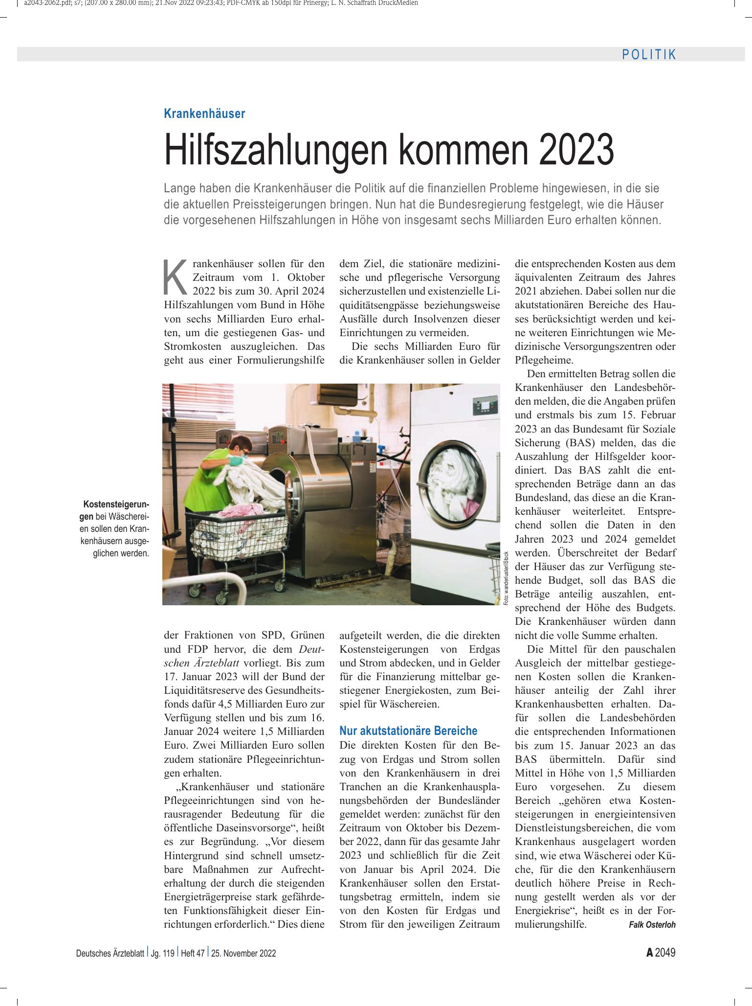Vorschauseite 1: Krankenhäuser: Hilfszahlungen kommen 2023 – Deutsches Ärzteblatt