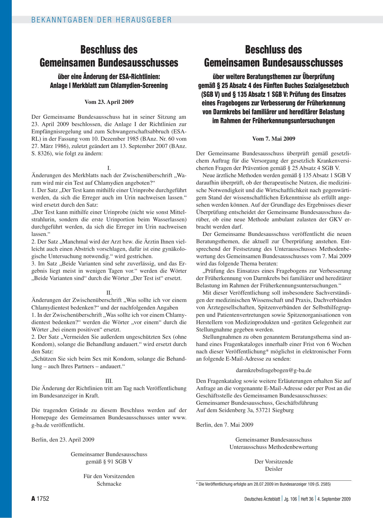 Vorschauseite 1: Beschluss des Gemeinsamen Bundesausschusses über weitere Beratungsthemen zur Überprüfung gemäß § 25 Absatz 4 des Fünften Buches Sozialgesetzbuch (SGB V) und § 135 Absatz 1 SGB V:…