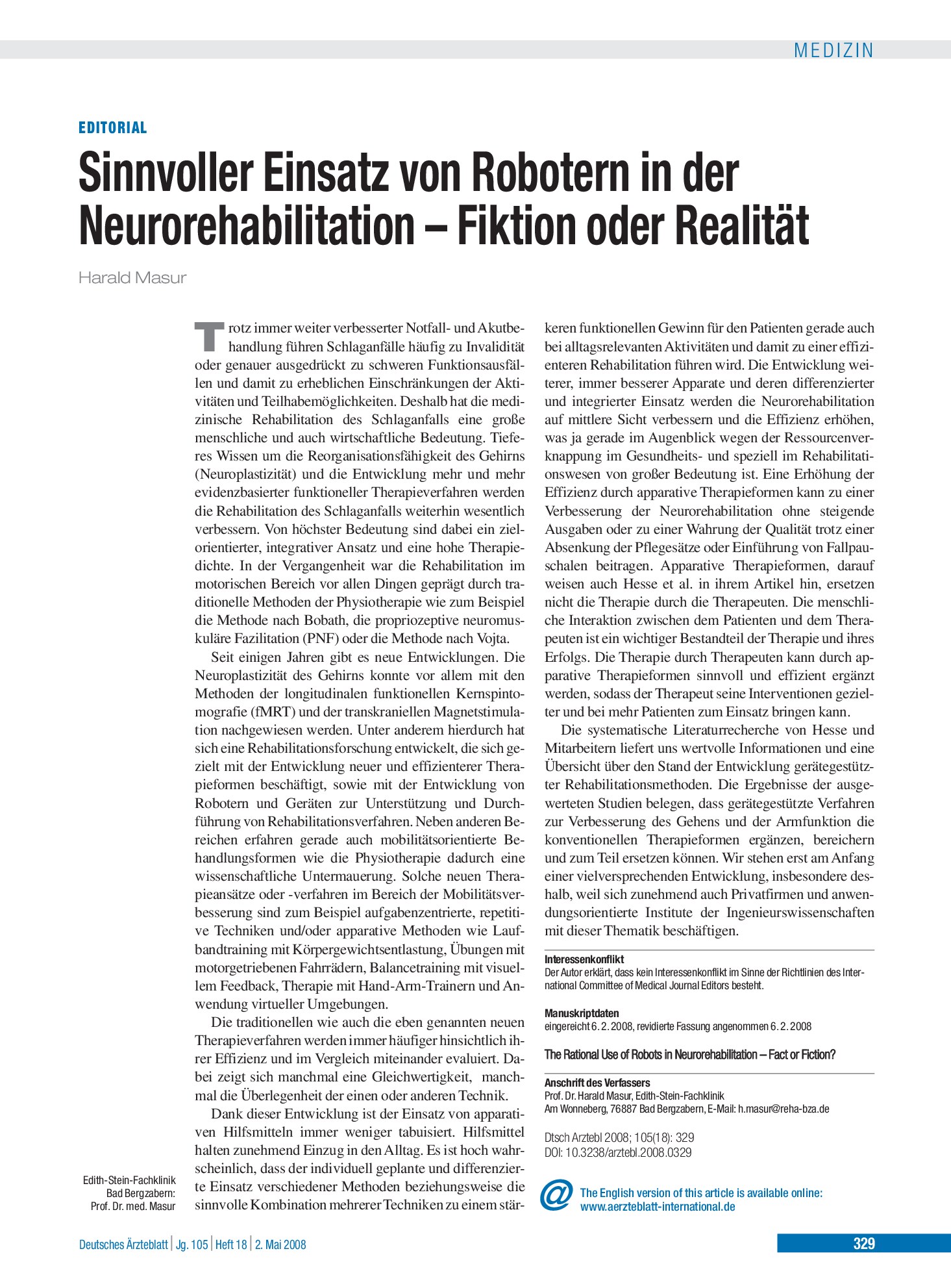 Vorschauseite 1: Sinnvoller Einsatz von Robotern in der Neurorehabilitation – Fiktion oder Realität – Deutsches Ärzteblatt