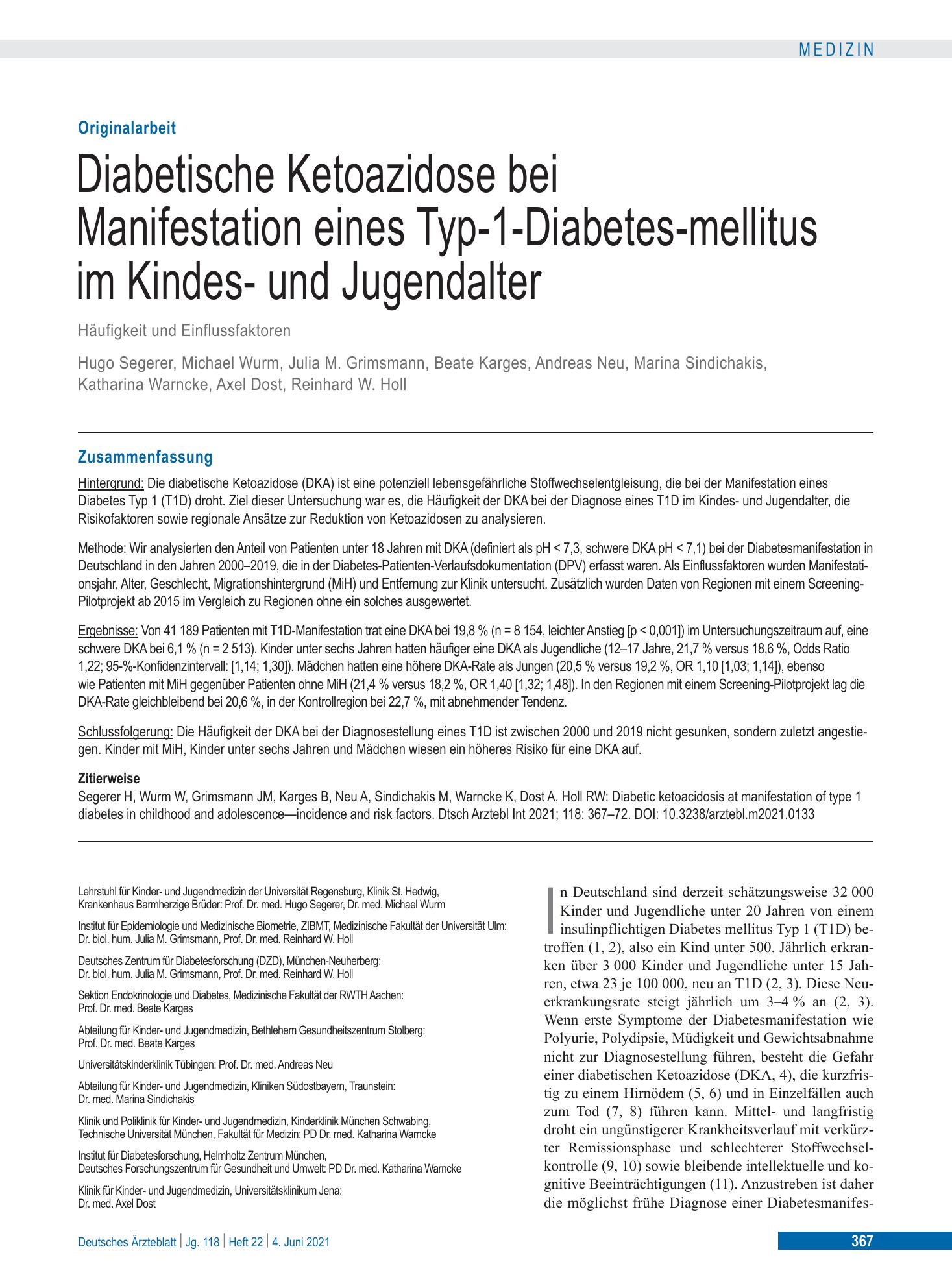 Vorschauseite 1: Diabetische Ketoazidose bei Manifestation eines Typ-1-Diabetes-mellitus im Kindes- und Jugendalter – Deutsches Ärzteblatt