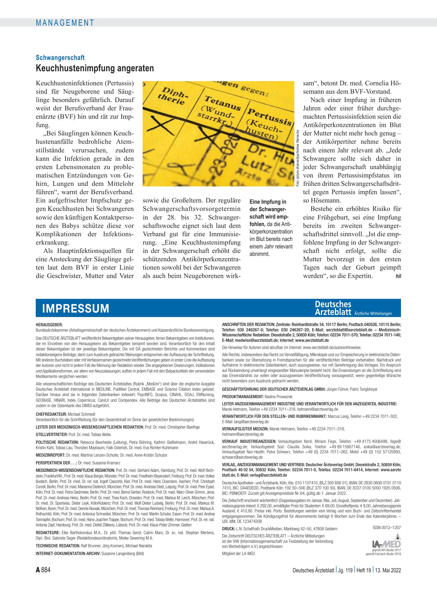 Vorschauseite 1: Schwangerschaft: Keuchhustenimpfung angeraten – Deutsches Ärzteblatt