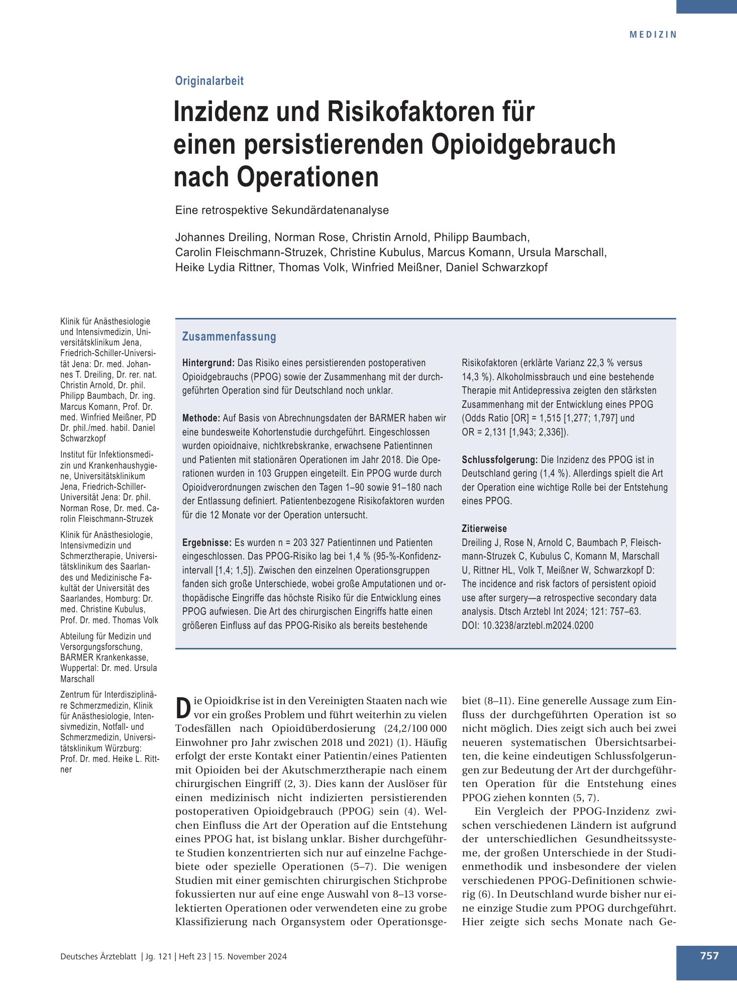Vorschauseite 1: Inzidenz und Risikofaktoren für einen persistierenden Opioidgebrauch nach Operationen – Deutsches Ärzteblatt