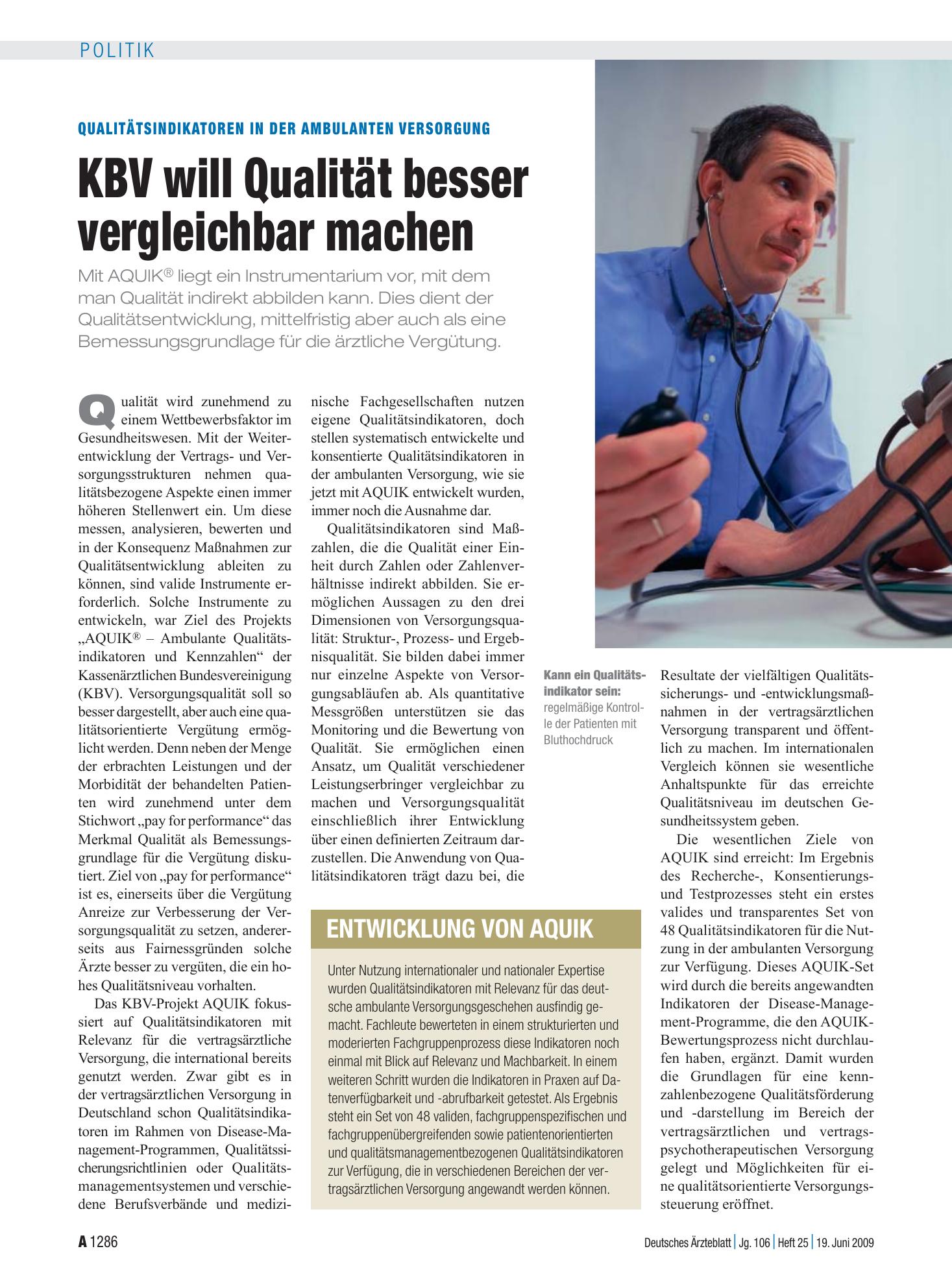 Vorschauseite 1: Qualitätsindikatoren in der ambulanten Versorgung: KBV will Qualität besser vergleichbar machen – Deutsches Ärzteblatt