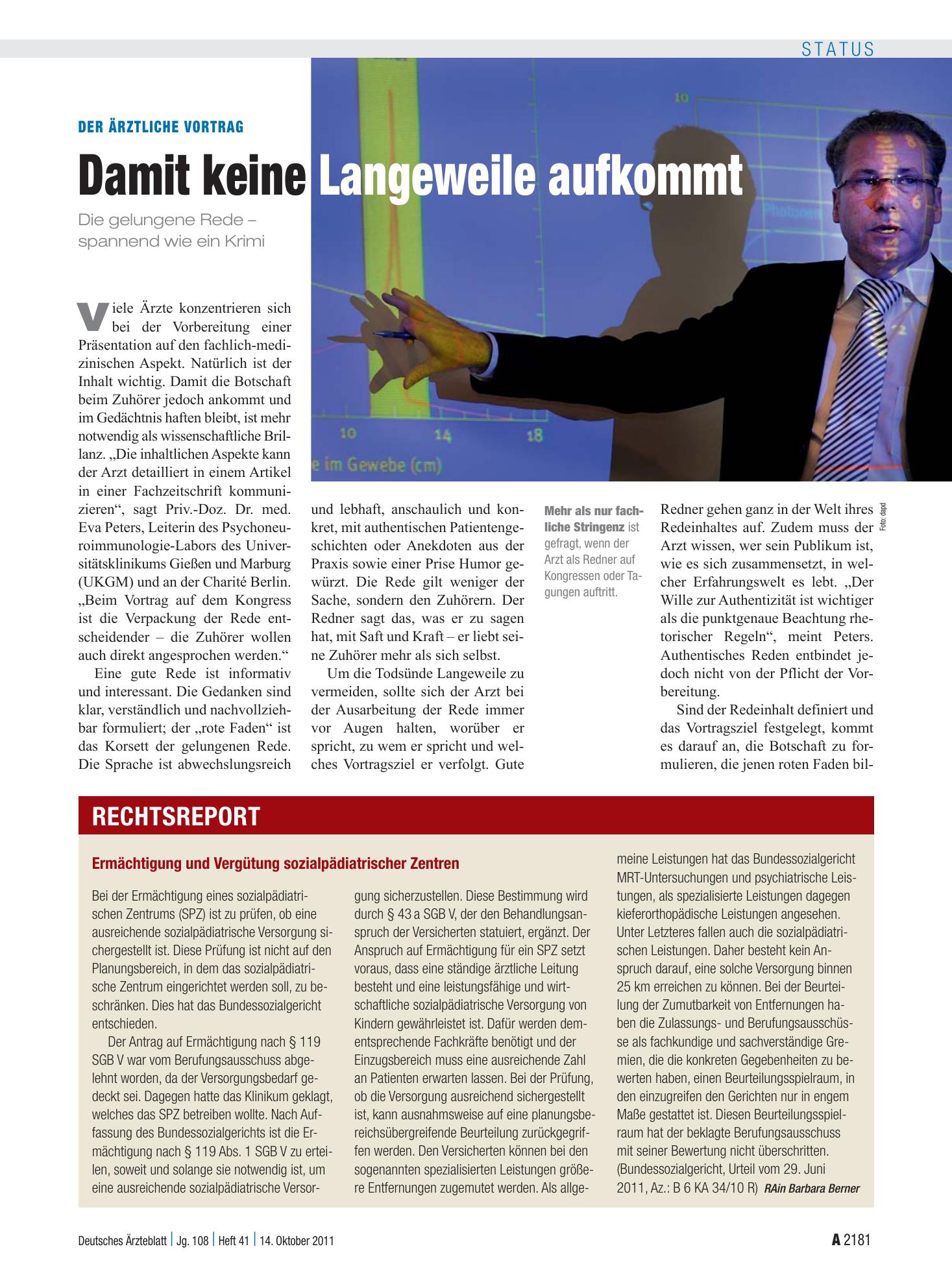 Vorschauseite 1: Der ärztliche Vortrag: Damit keine Langeweile aufkommt – Deutsches Ärzteblatt