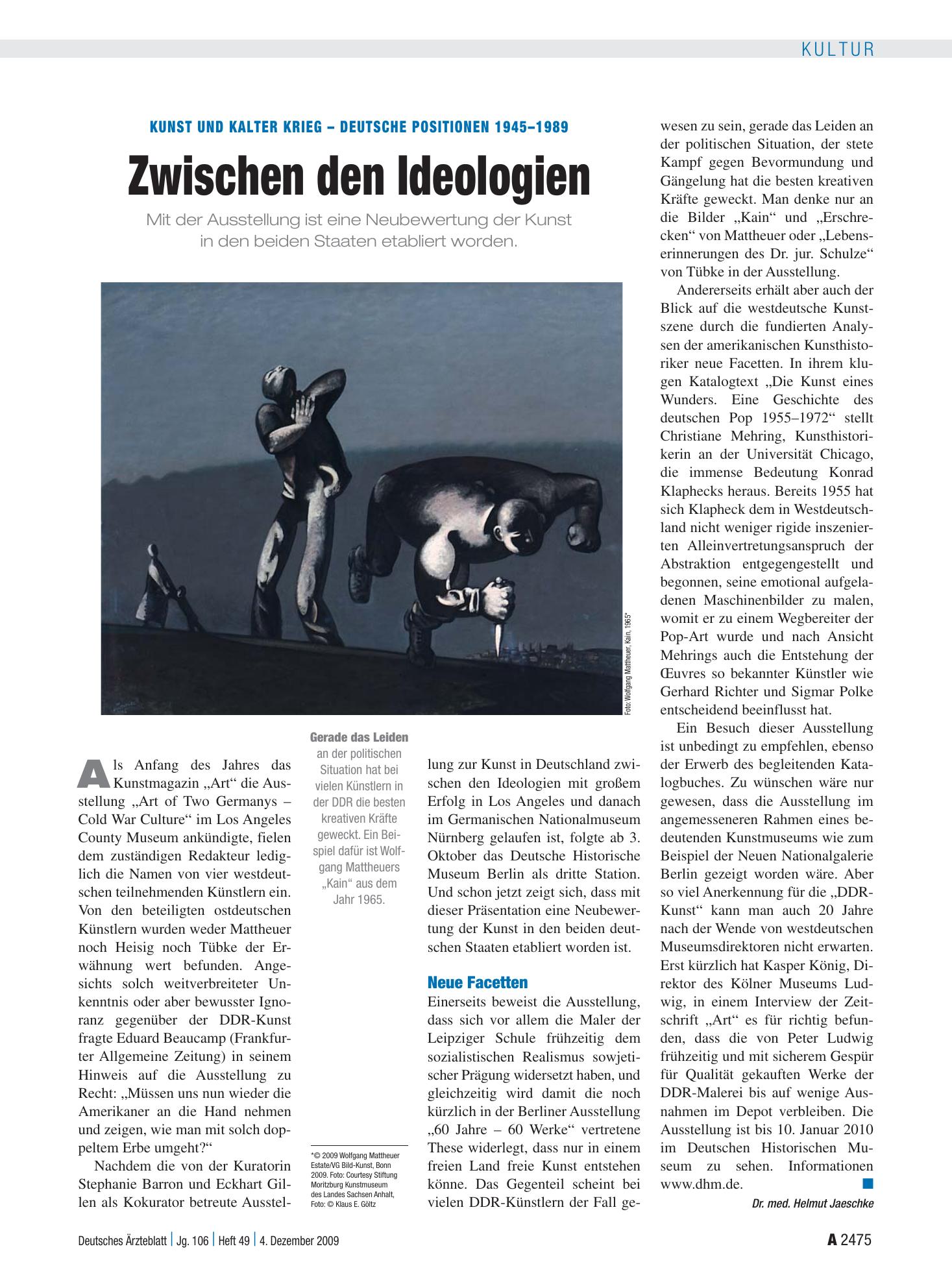 Vorschauseite 1: Kunst und kalter Krieg – Deutsche Positionen 1945–1989: Zwischen den Ideologien – Deutsches Ärzteblatt