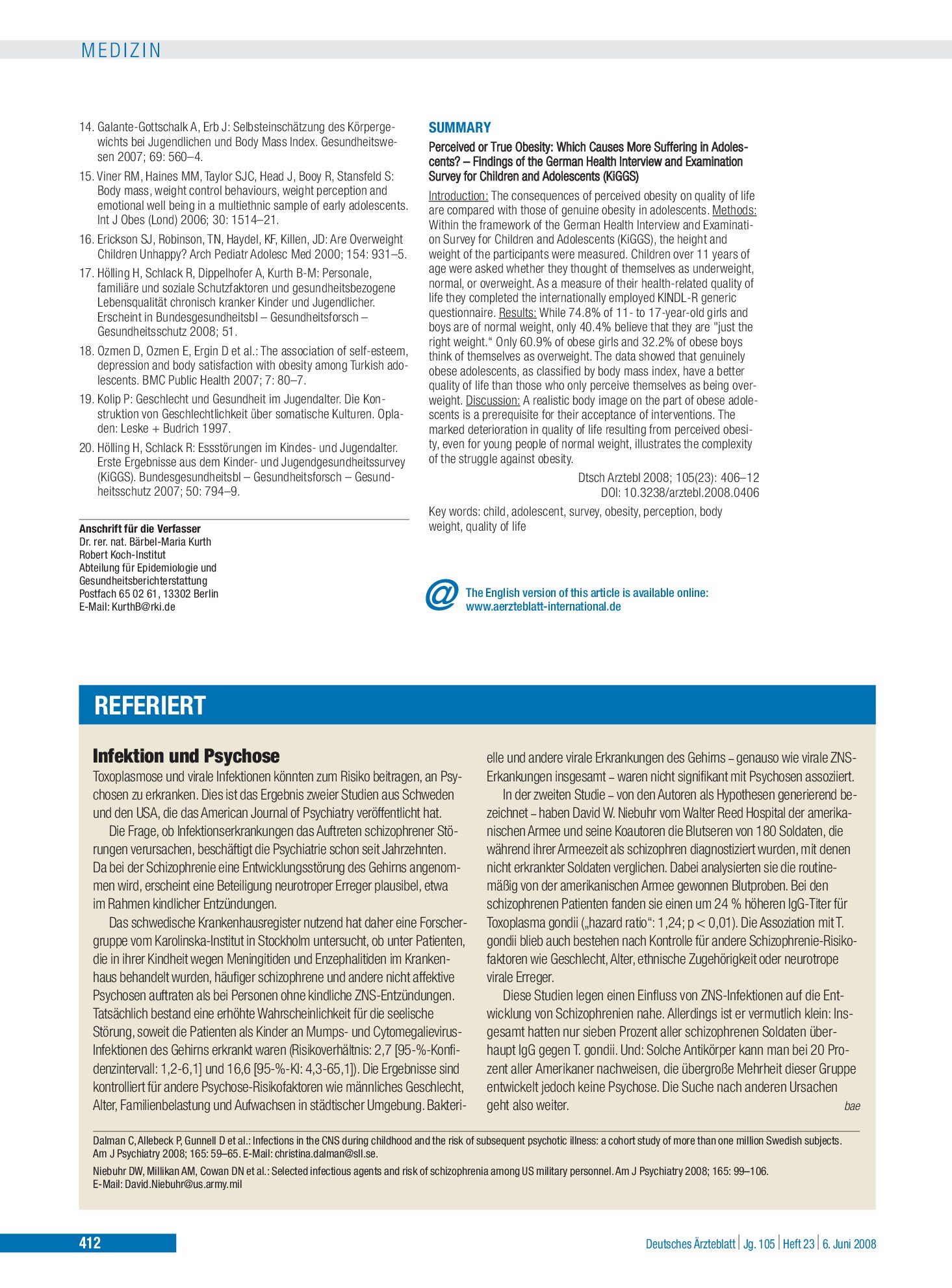 Vorschauseite 1: Infektion und Psychose – Deutsches Ärzteblatt