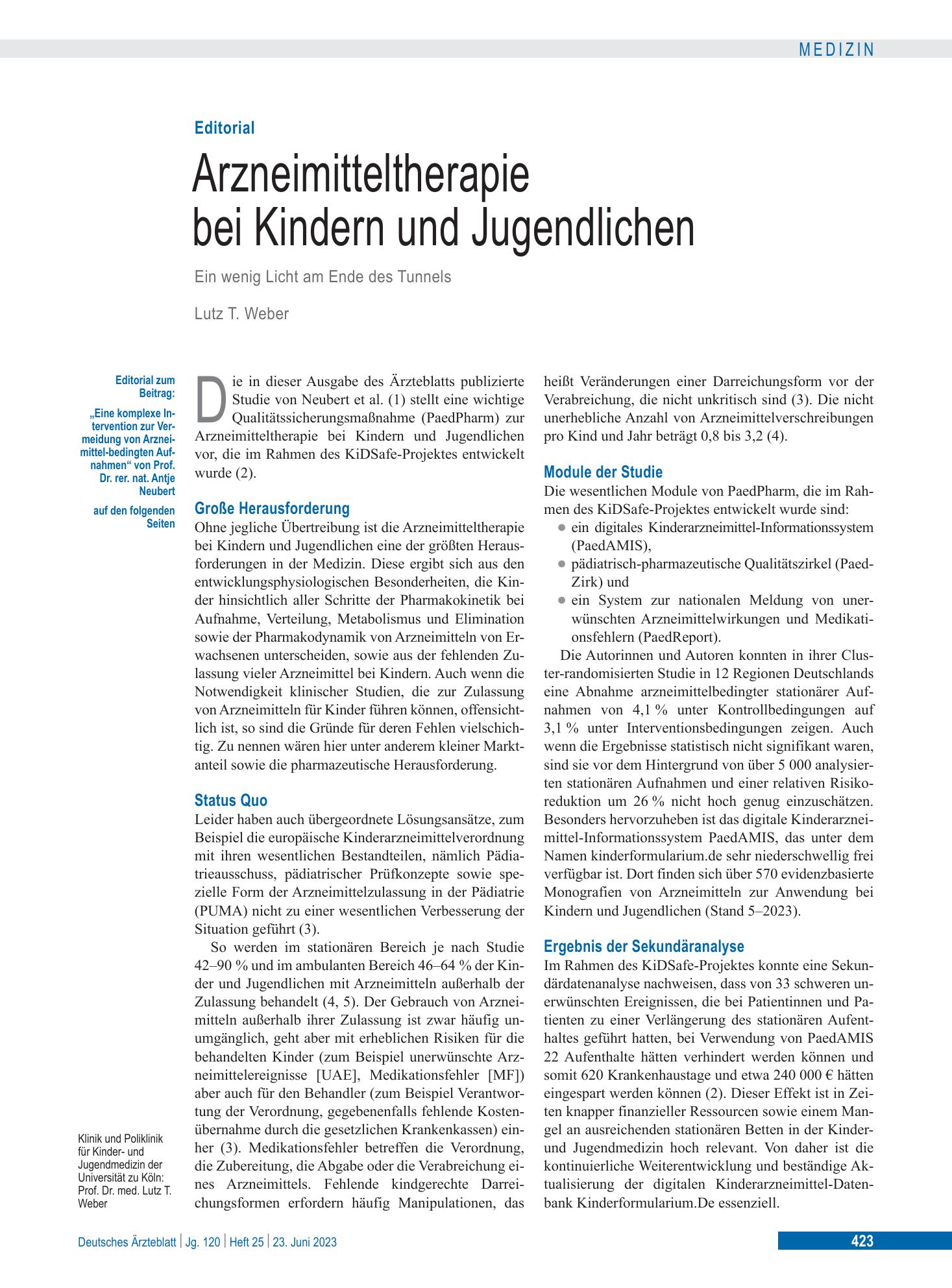 Vorschauseite 1: Arzneimitteltherapie bei Kindern und Jugendlichen – Deutsches Ärzteblatt