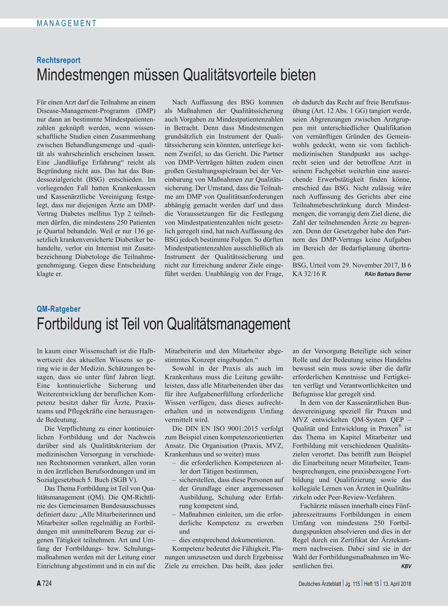 Vorschauseite 1: Rechtsreport: Mindestmengen müssen Qualitätsvorteile bieten – Deutsches Ärzteblatt