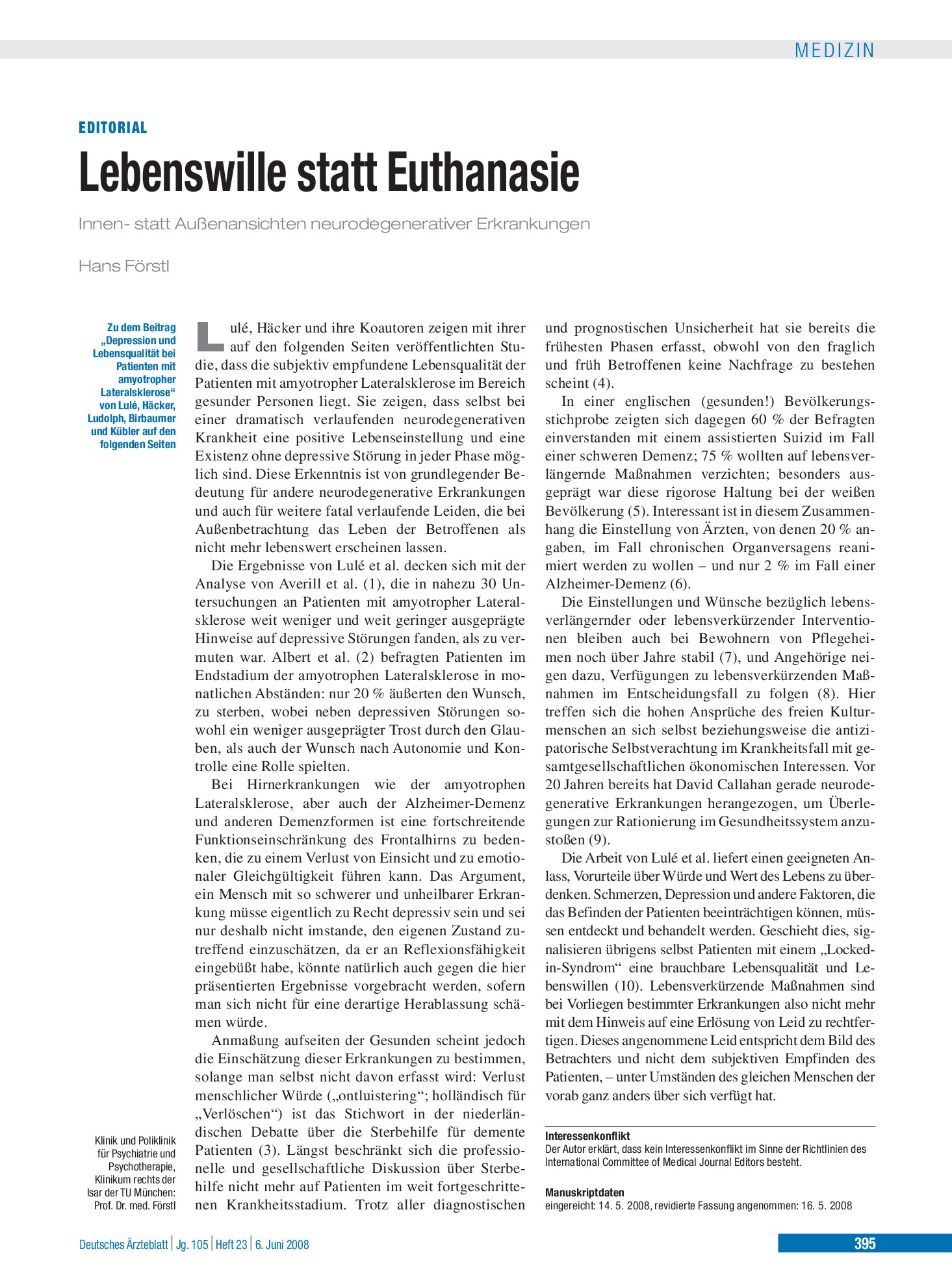 Vorschauseite 1: Lebenswille statt Euthanasie – Deutsches Ärzteblatt