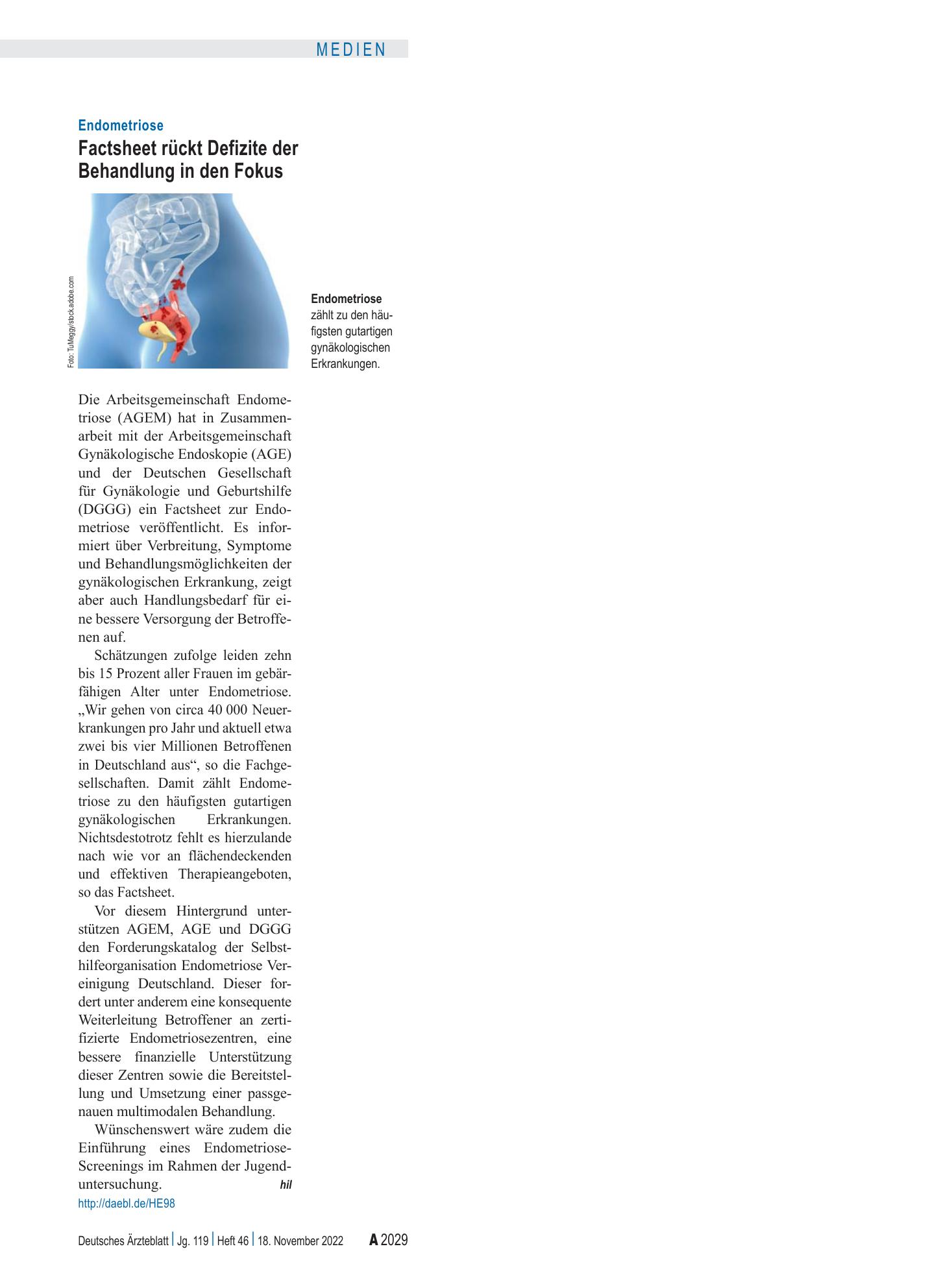 Vorschauseite 1: Endometriose: Factsheet rückt Defizite der Behandlung in den Fokus – Deutsches Ärzteblatt