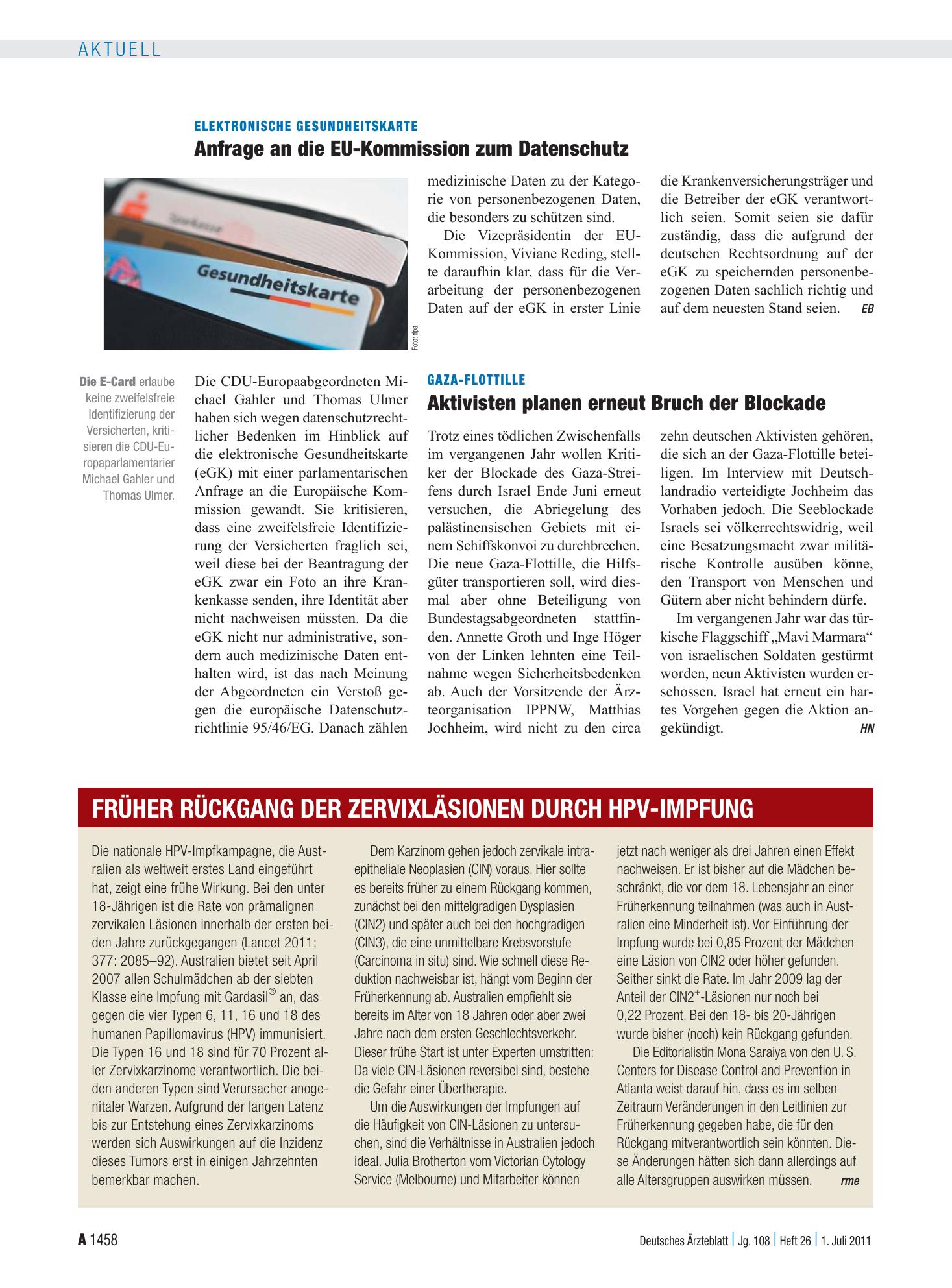 Vorschauseite 1: Früher Rückgang der Zervixläsionen durch HPV-Impfung – Deutsches Ärzteblatt