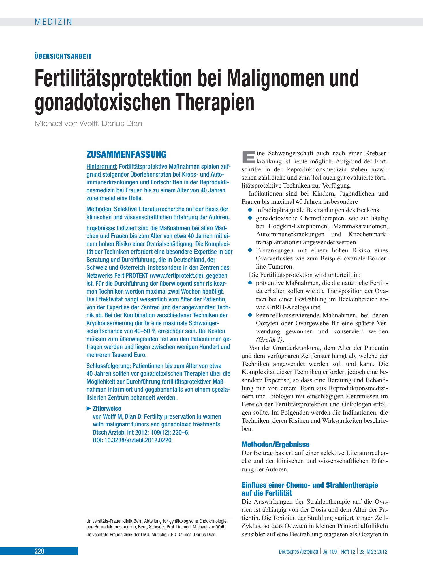 Vorschauseite 1: Fertilitätsprotektion bei Malignomen und gonadotoxischen Therapien – Deutsches Ärzteblatt