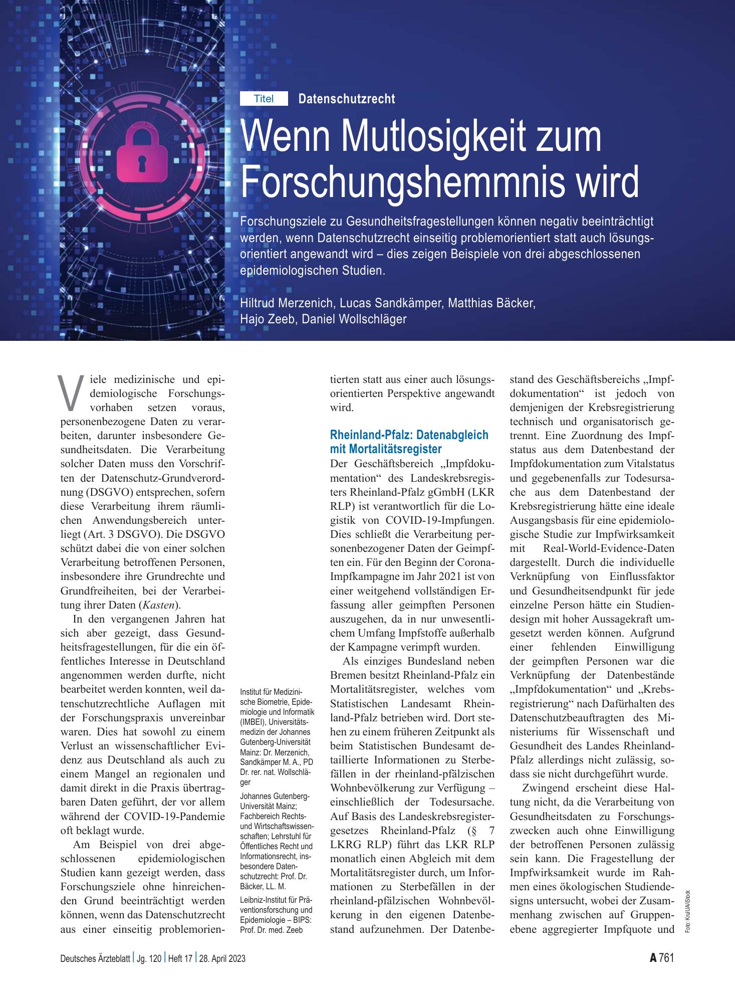 Vorschauseite 1: Datenschutzrecht: Wenn Mutlosigkeit zum Forschungshemmnis wird – Deutsches Ärzteblatt