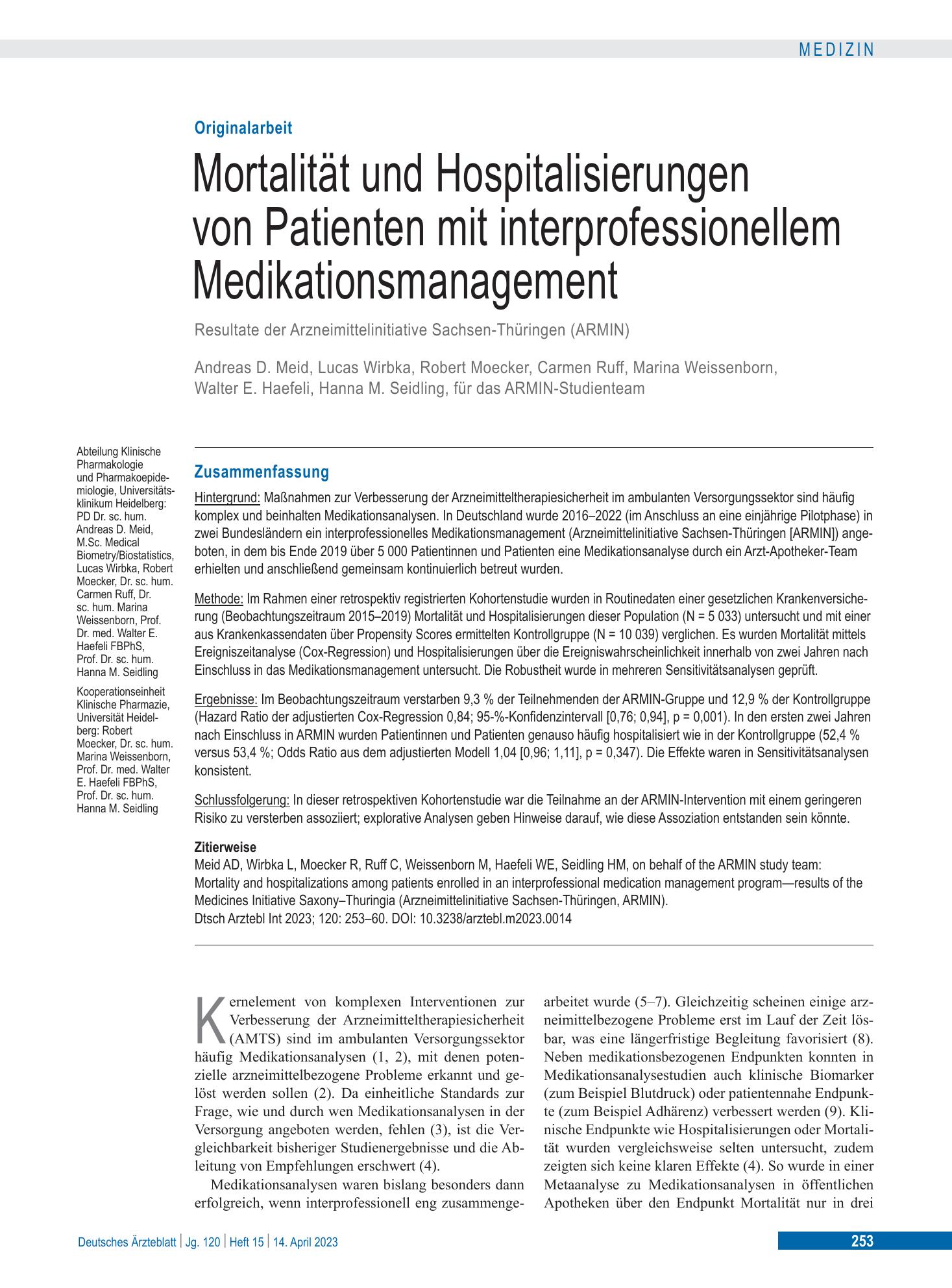 Vorschauseite 1: Mortalität und Hospitalisierungen von Patienten mit interprofessionellem Medikationsmanagement – Deutsches Ärzteblatt