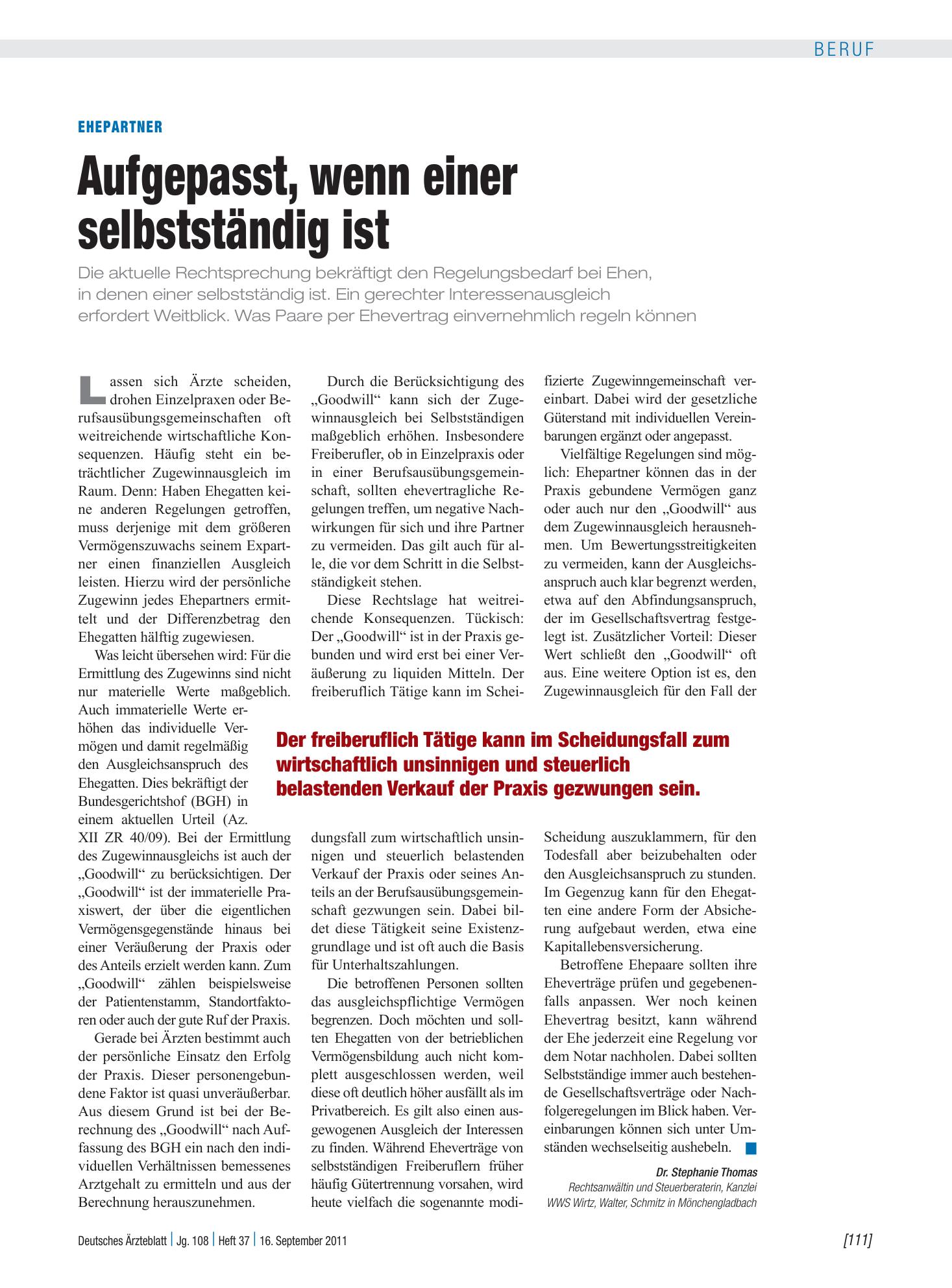 Vorschauseite 1: Ehepartner: Aufgepasst, wenn einer selbstständig ist – Deutsches Ärzteblatt