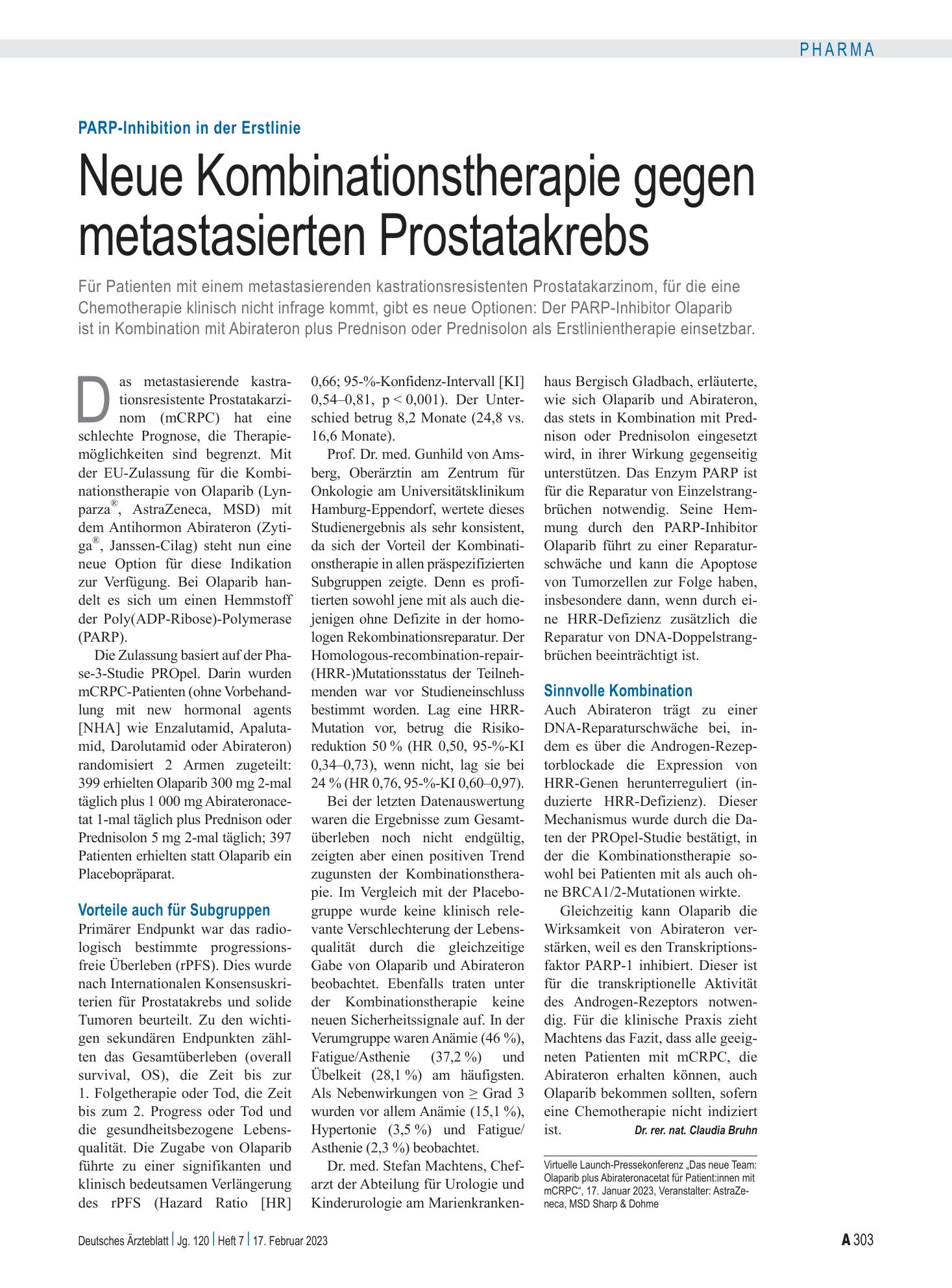 Vorschauseite 1: PARP-Inhibition in der Erstlinie: Neue Kombinationstherapie gegen metastasierten Prostatakrebs – Deutsches Ärzteblatt