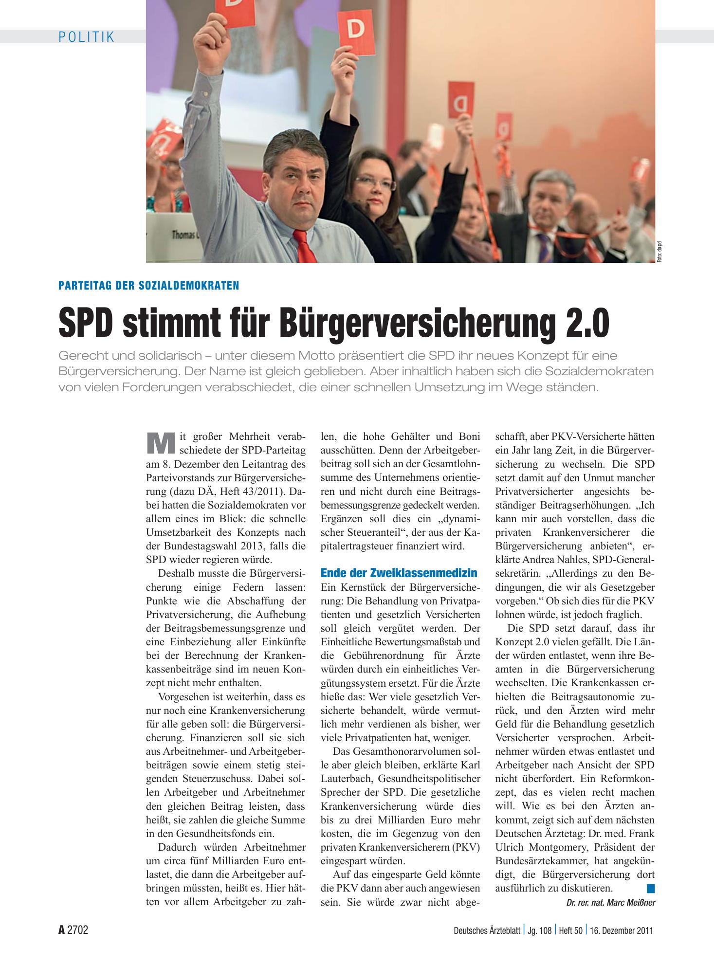 Vorschauseite 1: Parteitag der Sozialdemokraten: SPD stimmt für Bürgerversicherung 2.0 – Deutsches Ärzteblatt
