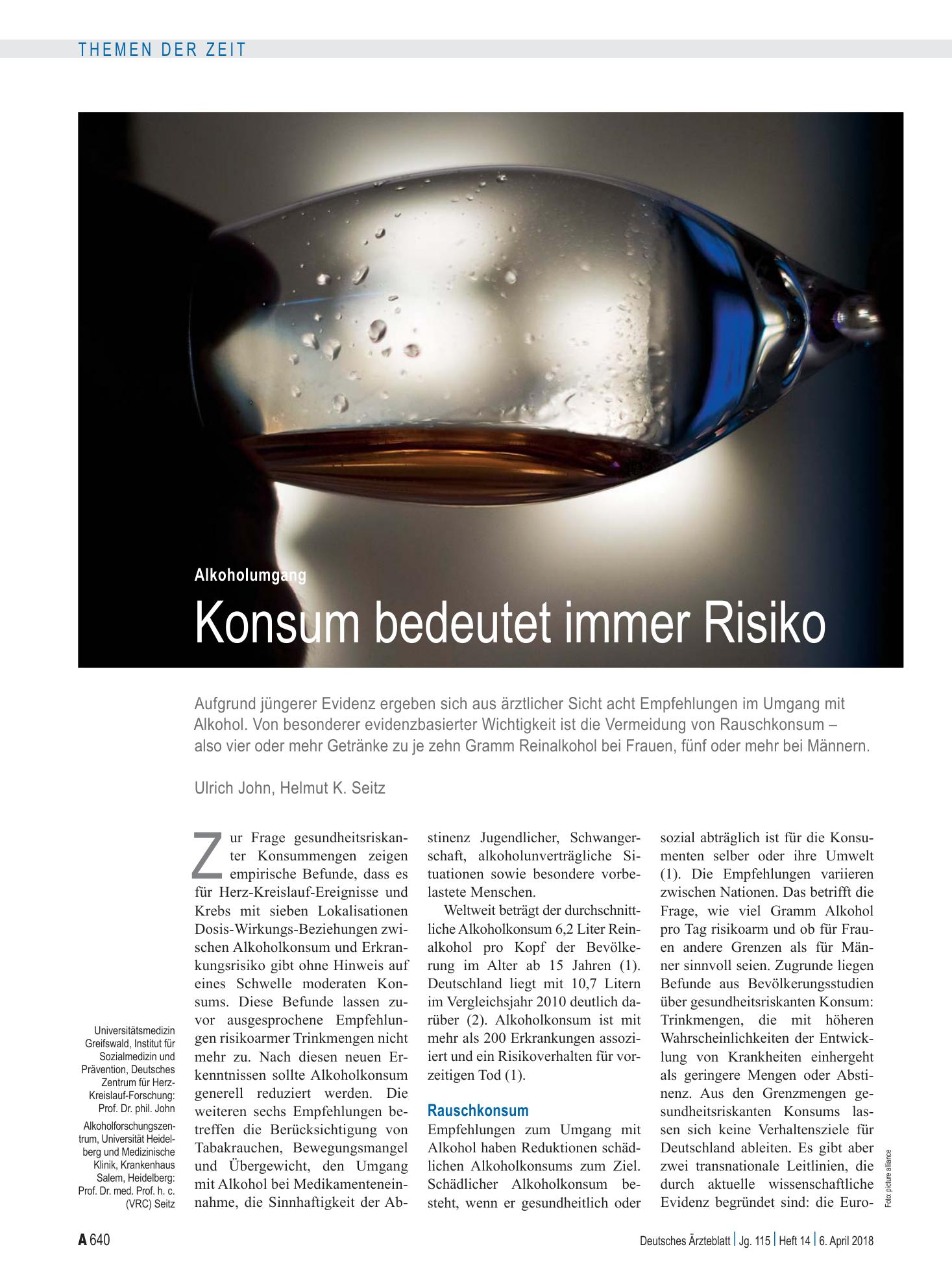 Vorschauseite 1: Alkoholumgang: Konsum bedeutet immer Risiko – Deutsches Ärzteblatt