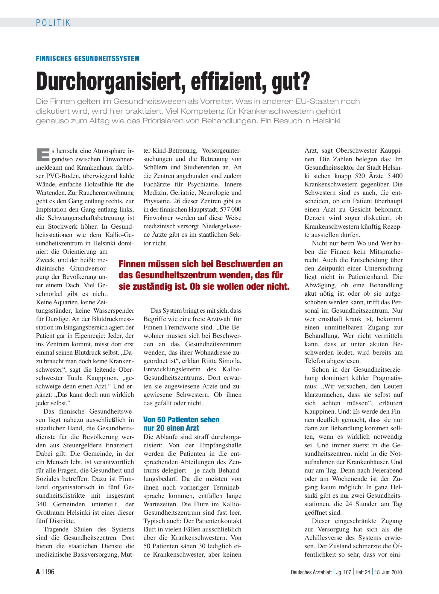 Vorschauseite 1: Finnisches Gesundheitssystem: Durchorganisiert, effizient, gut? – Deutsches Ärzteblatt