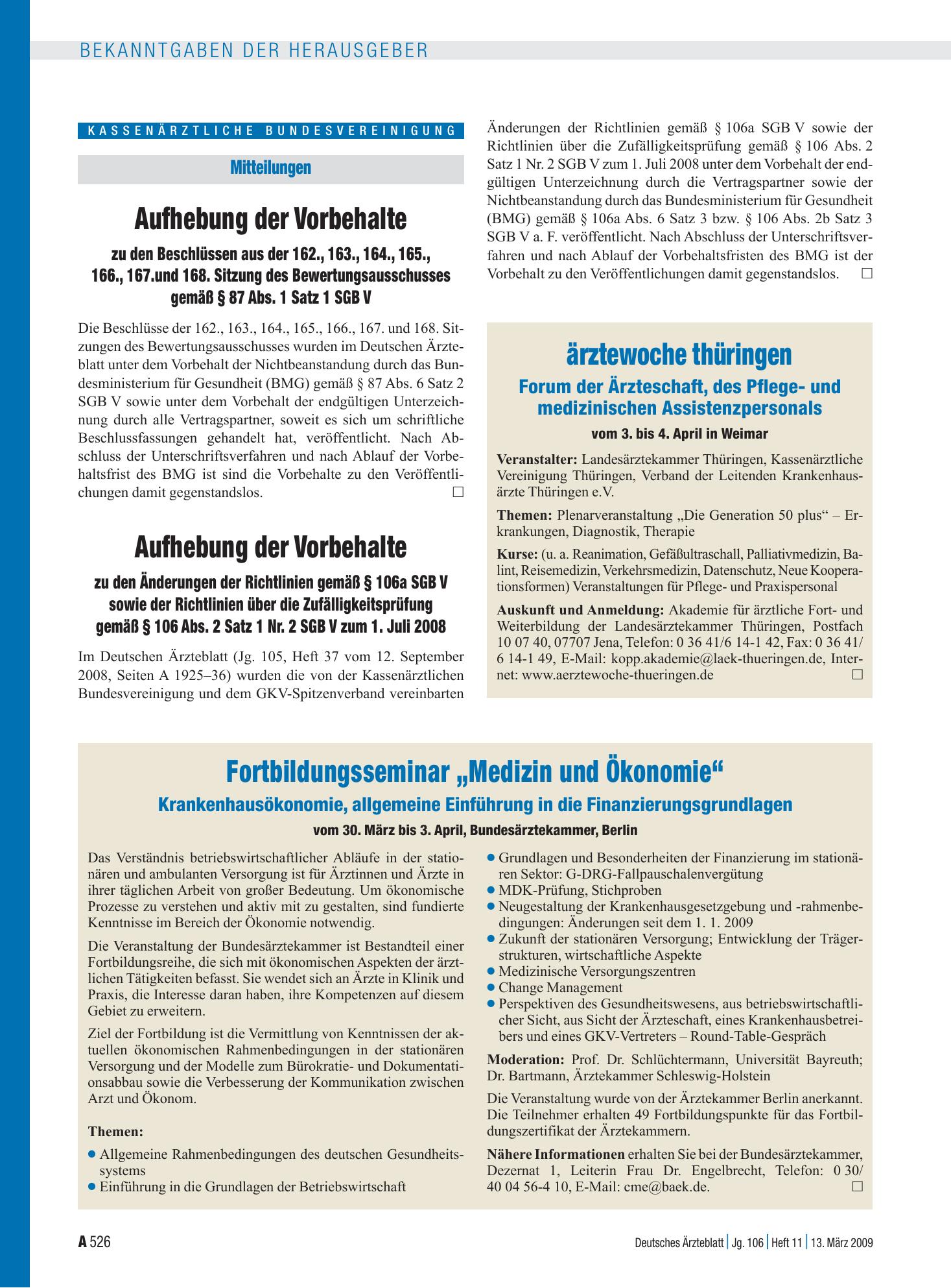 Vorschauseite 1: Mitteilungen: Aufhebung der Vorbehalte zu den Änderungen der Richtlinien gemäß § 106a SGB V sowie der Richtlinien über die Zufälligkeitsprüfung gemäß § 106 Abs. 2 Satz 1 Nr. 2 SGB…