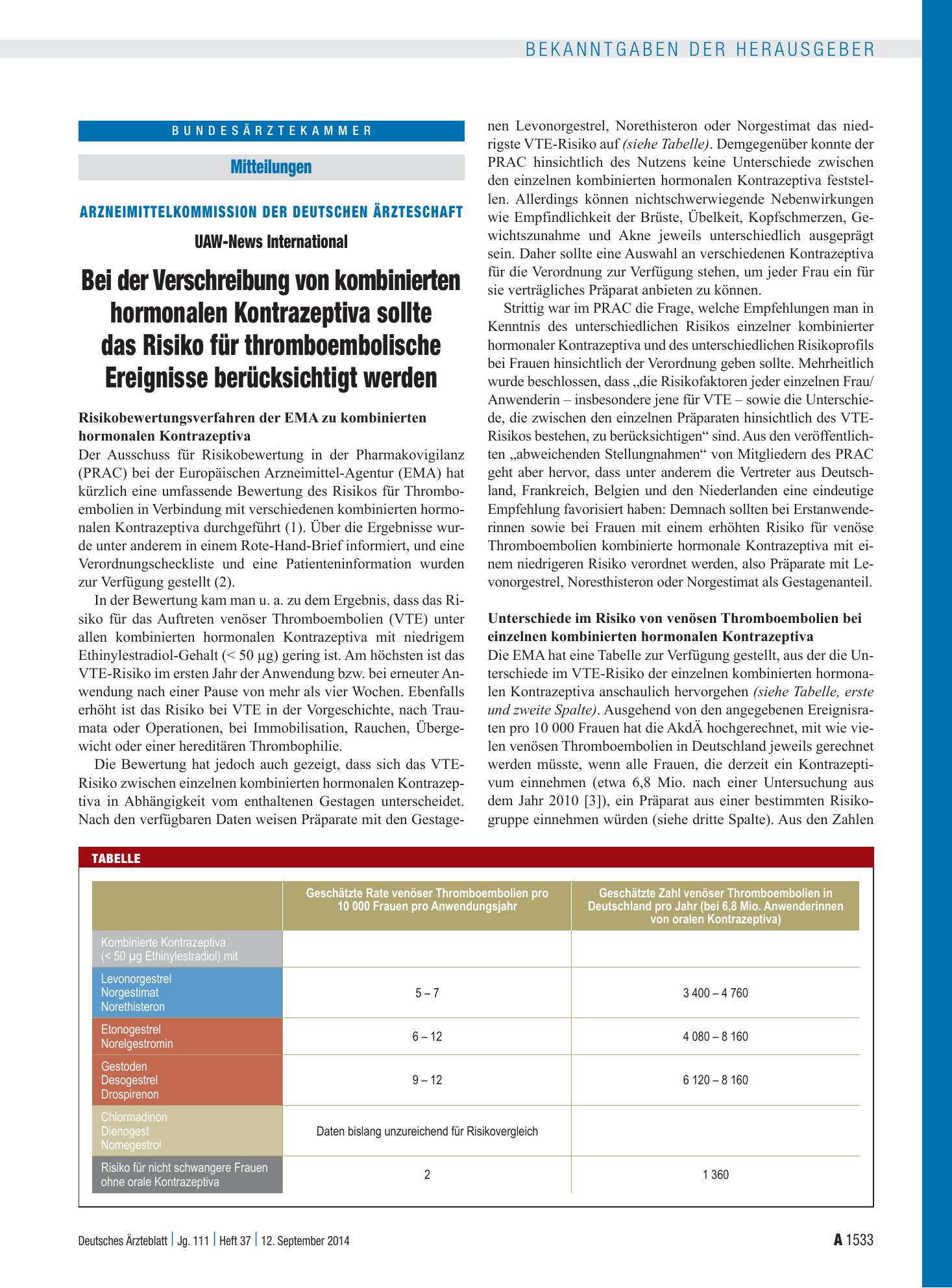 Vorschauseite 1: Arzneimittelkommission der Deutschen Ärzteschaft: UAW-News International Bei der Verschreibung von kombinierten hormonalen Kontrazeptiva sollte das Risiko für thromboembolische Er…