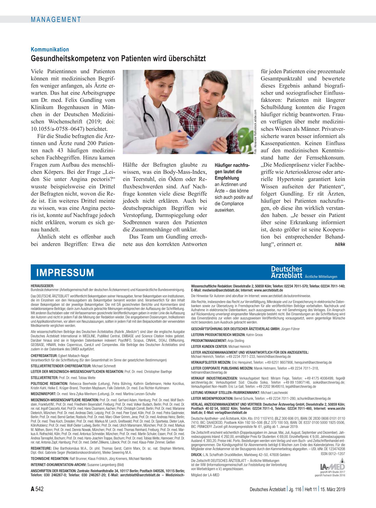Vorschauseite 1: Kommunikation: Gesundheitskompetenz von Patienten wird überschätzt – Deutsches Ärzteblatt