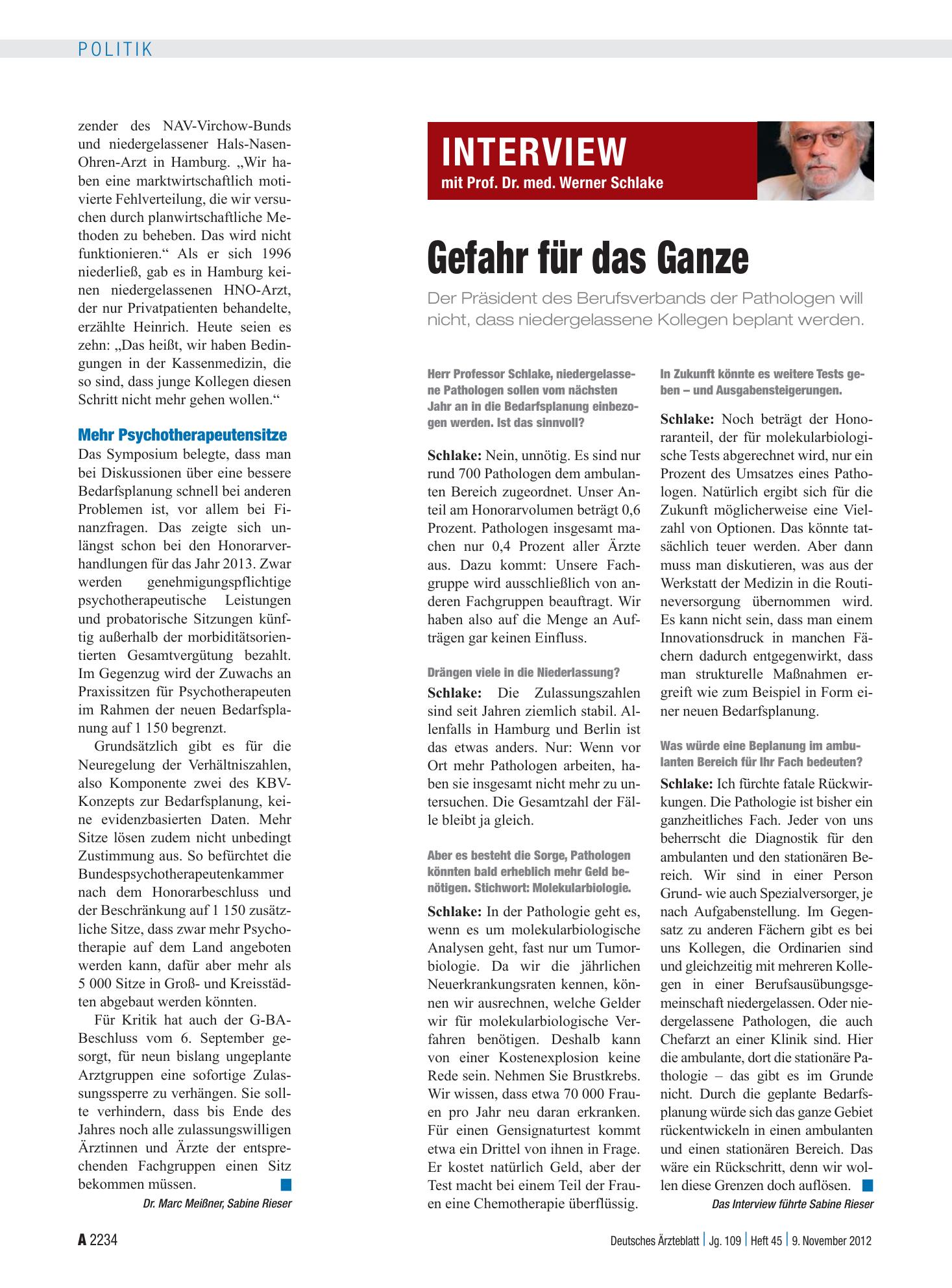 Vorschauseite 1: Interview mit Prof. Dr. med. Werner Schlake: Gefahr für das Ganze – Deutsches Ärzteblatt