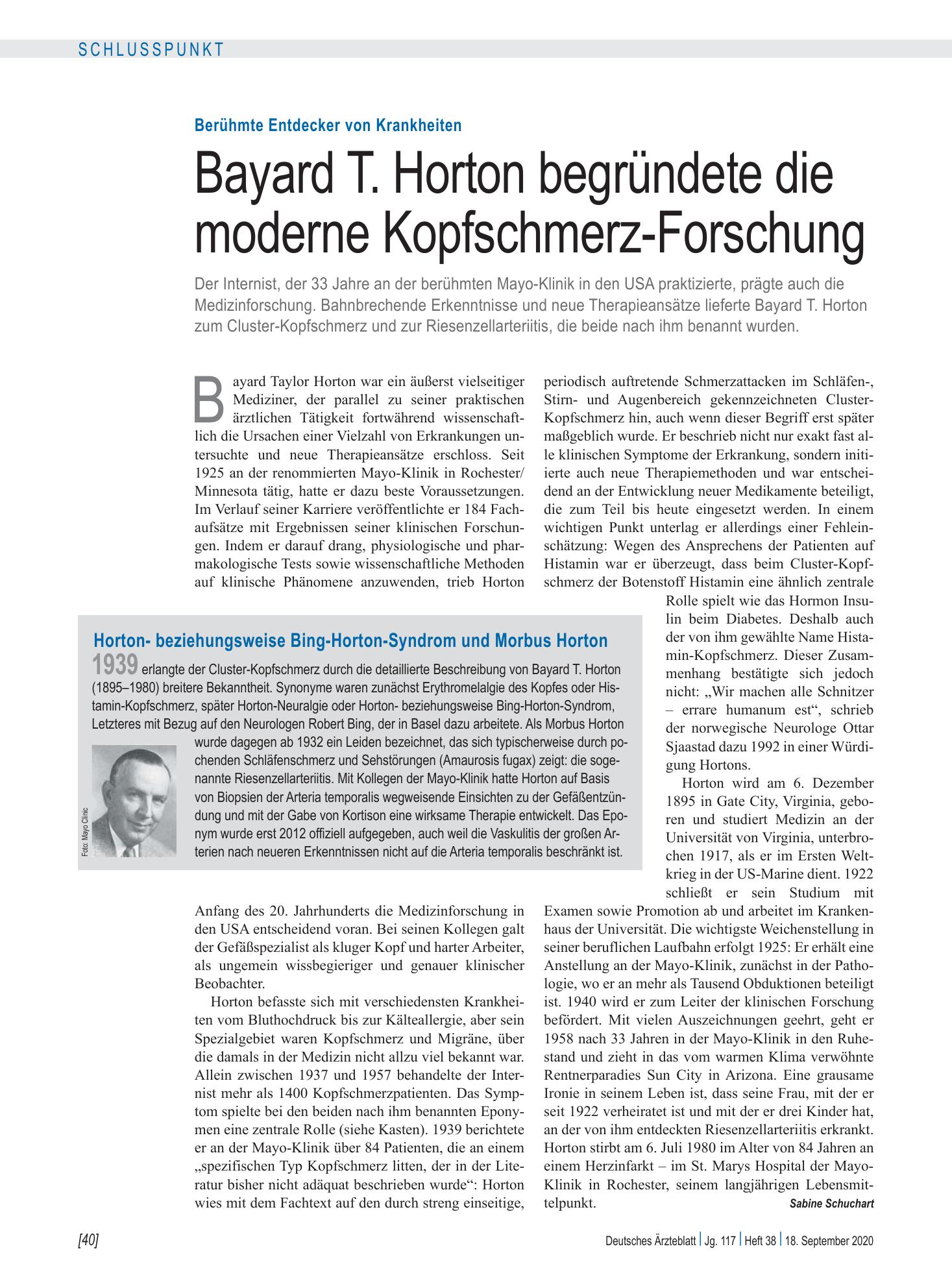 Vorschauseite 1: Berühmte Entdecker von Krankheiten: Bayard T. Horton begründete die moderne Kopfschmerz-Forschung – Deutsches Ärzteblatt