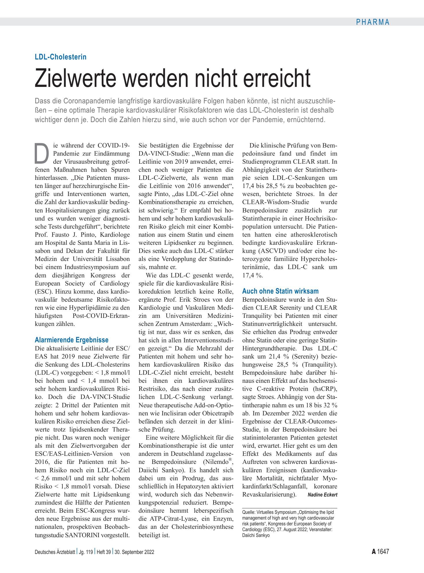 Vorschauseite 1: LDL-Cholesterin: Zielwerte werden nicht erreicht – Deutsches Ärzteblatt