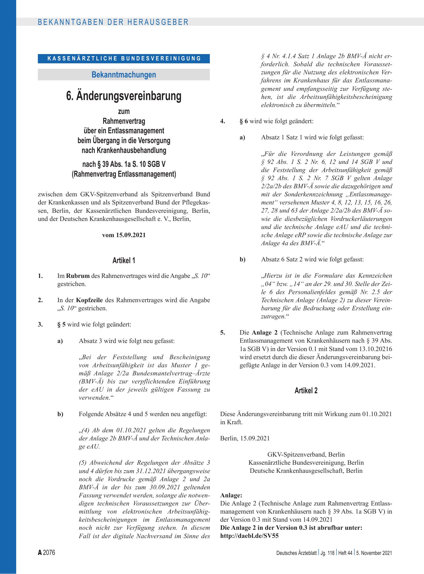 Vorschauseite 1: 6. Änderungsvereinbarung zum Rahmenvertrag über ein Entlassmanagement beim Übergang in die Versorgung nach Krankenhausbehandlung nach § 39 Abs. 1a S. 10 SGB V (Rahmenvertrag Entla…