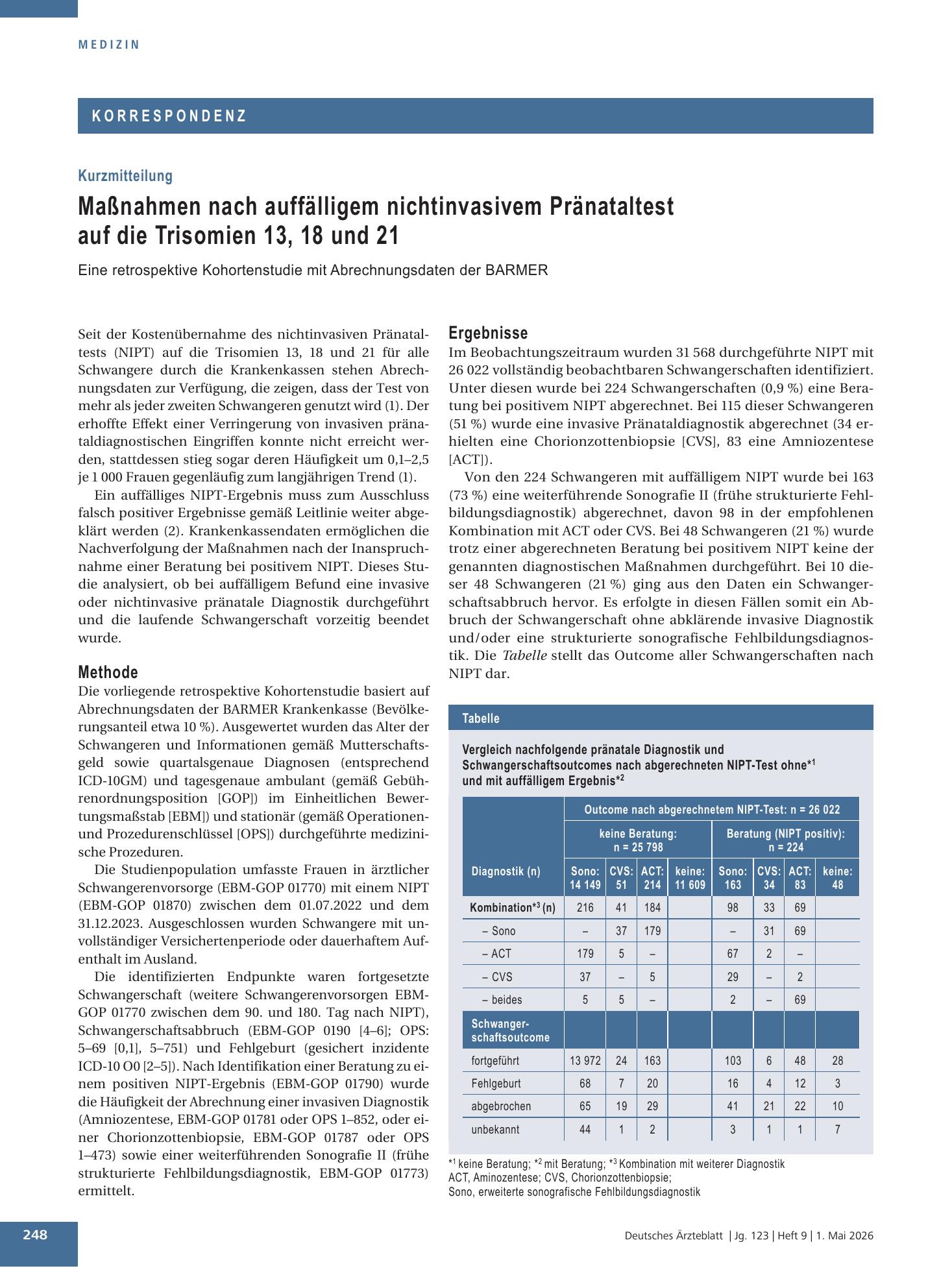 Vorschauseite 1: Maßnahmen nach auffälligem nichtinvasivem Pränataltest auf die Trisomien 13, 18 und 21 – Deutsches Ärzteblatt