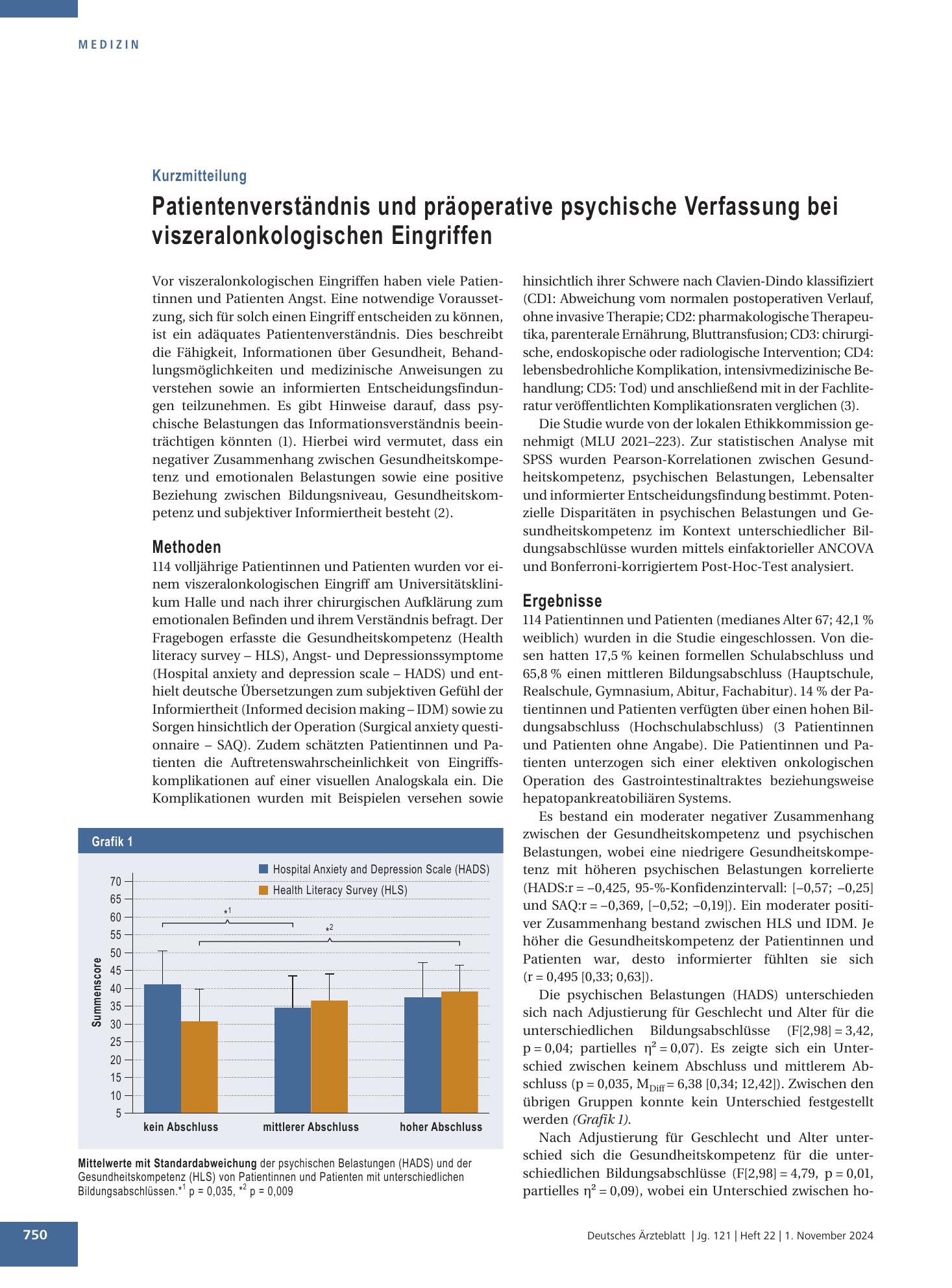 Vorschauseite 1: Patientenverständnis und präoperative psychische Verfassung bei viszeralonkologischen Eingriffen – Deutsches Ärzteblatt