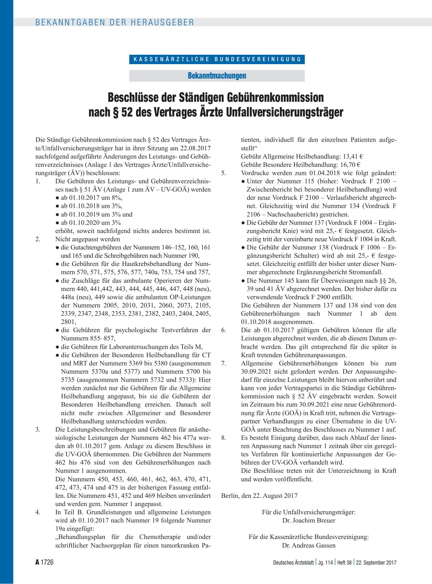 Vorschauseite 1: Beschlüsse der Ständigen Gebührenkommission nach § 52 des Vertrages Ärzte Unfallversicherungsträger – Deutsches Ärzteblatt