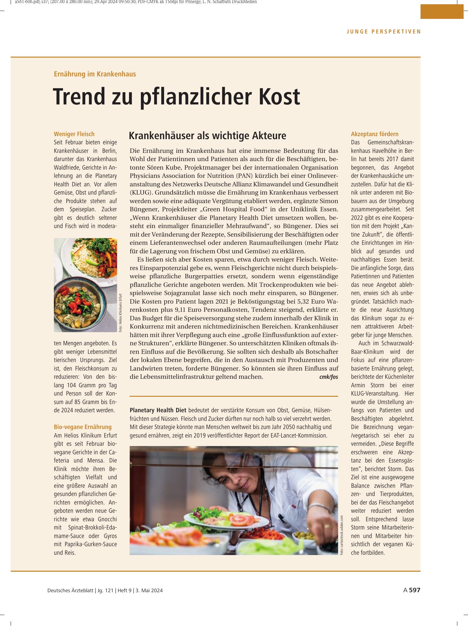 Vorschauseite 1: Ernährung im Krankenhaus: Trend zu pflanzlicher Kost – Deutsches Ärzteblatt