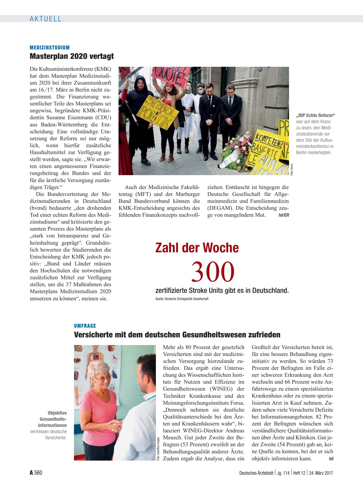 Vorschauseite 1: Medizinstudium: Masterplan 2020 vertagt – Deutsches Ärzteblatt
