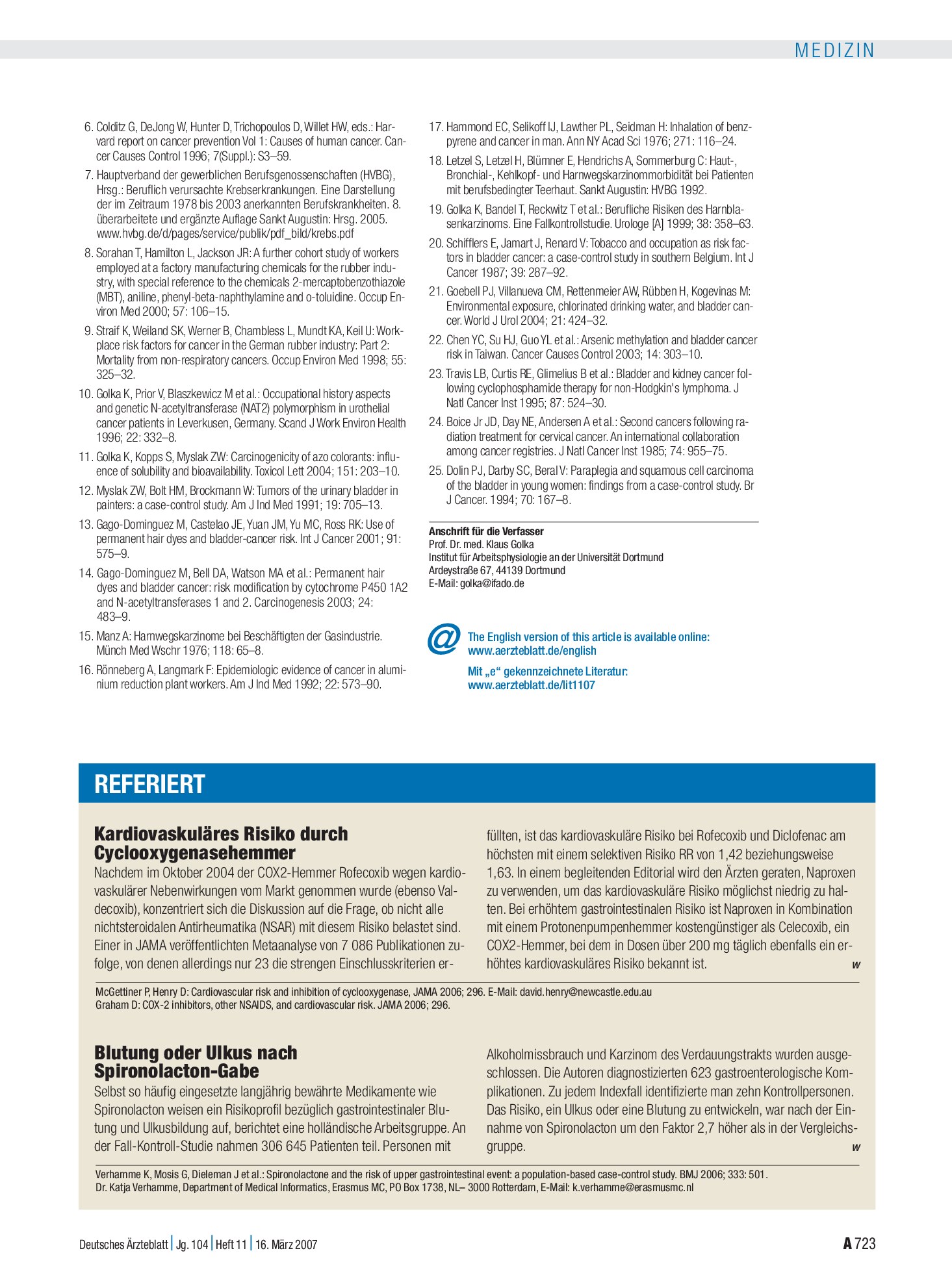 Vorschauseite 1: Kardiovaskuläres Risiko durch Cyclooxygenasehemmer – Deutsches Ärzteblatt