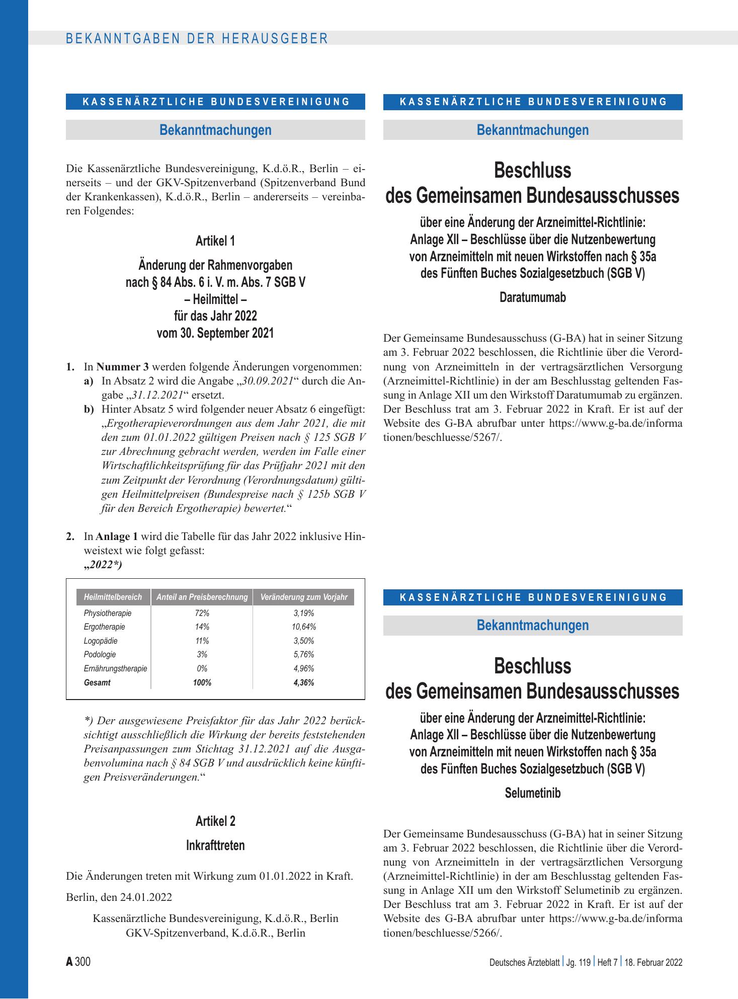 Vorschauseite 1: Änderung der Rahmenvorgaben nach § 84 Abs. 6 i. V. m. Abs. 7 SGB V – Heilmittel – für das Jahr 2022 vom 30. September 2021 – Deutsches Ärzteblatt