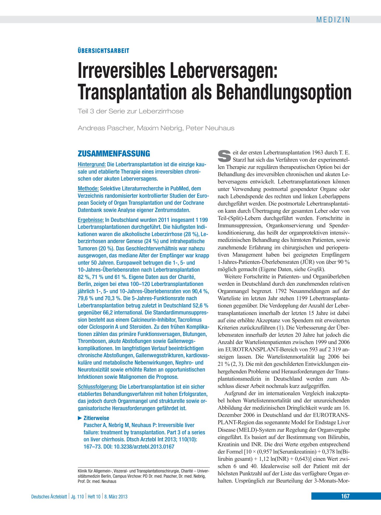 Vorschauseite 1: Irreversibles Leberversagen – Transplantation als Behandlungsoption – Deutsches Ärzteblatt