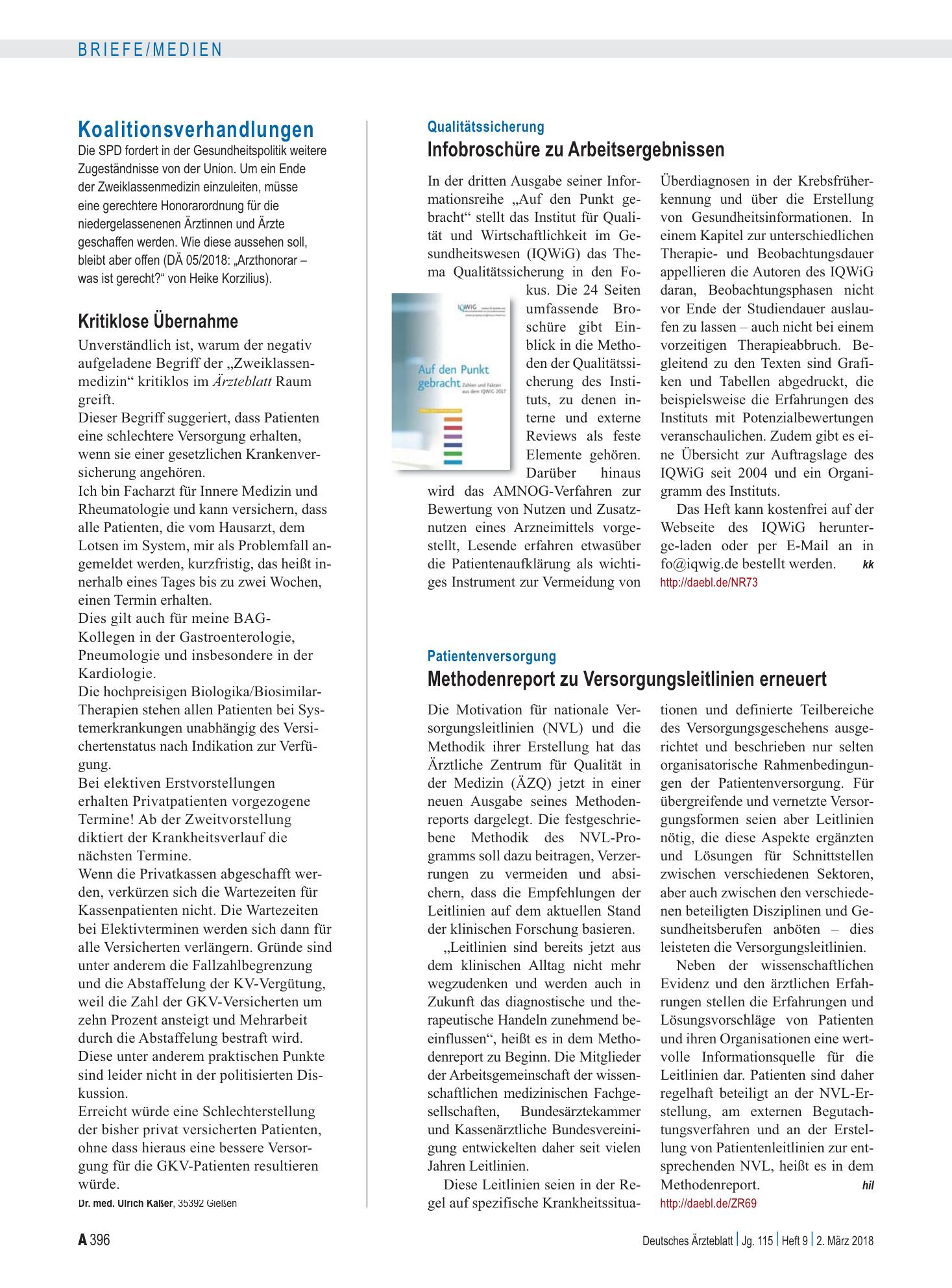 Vorschauseite 1: Patientenversorgung: Methodenreport zu Versorgungsleitlinien erneuert – Deutsches Ärzteblatt
