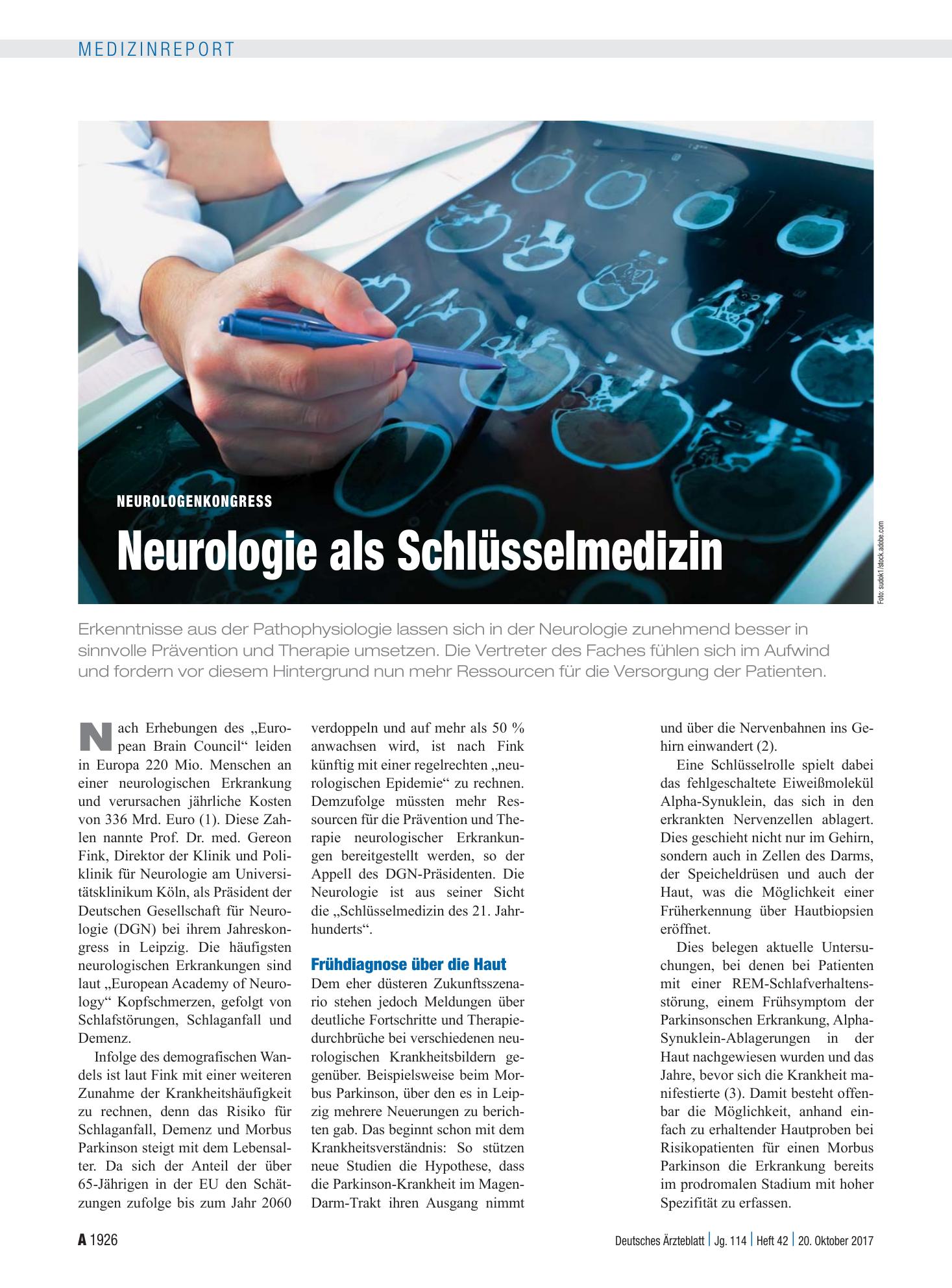 Vorschauseite 1: Neurologenkongress: Neurologie als Schlüsselmedizin – Deutsches Ärzteblatt