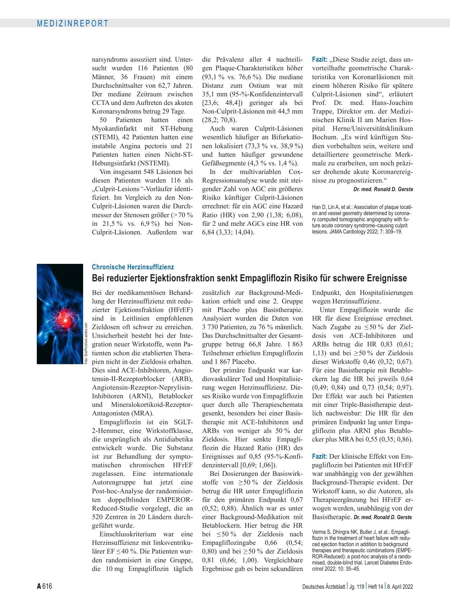 Vorschauseite 1: Chronische Herzinsuffizienz: Bei reduzierter Ejektionsfraktion senkt Empagliflozin Risiko für schwere Ereignisse – Deutsches Ärzteblatt