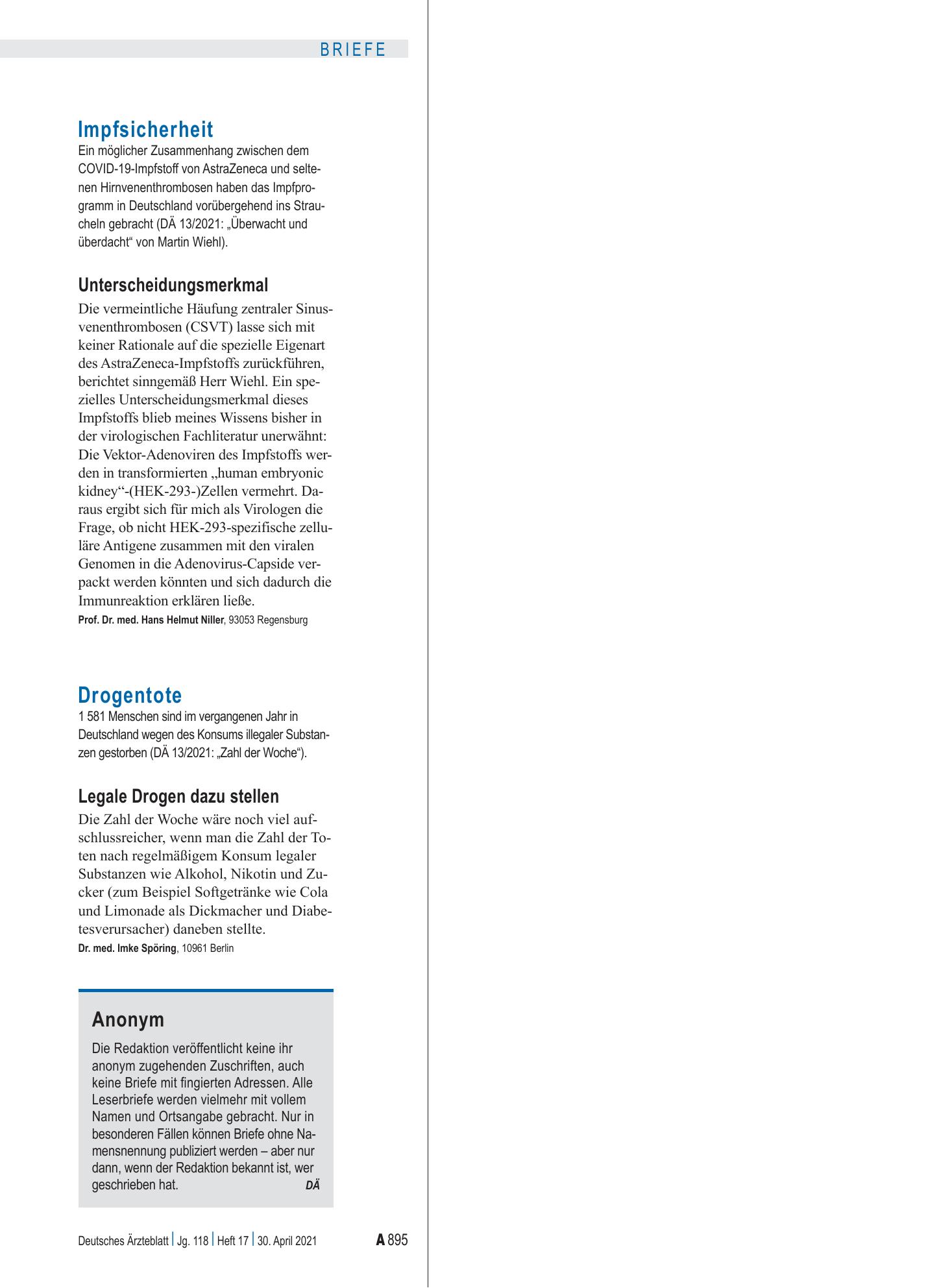 Vorschauseite 1: Impfsicherheit: Unterscheidungsmerkmal – Deutsches Ärzteblatt
