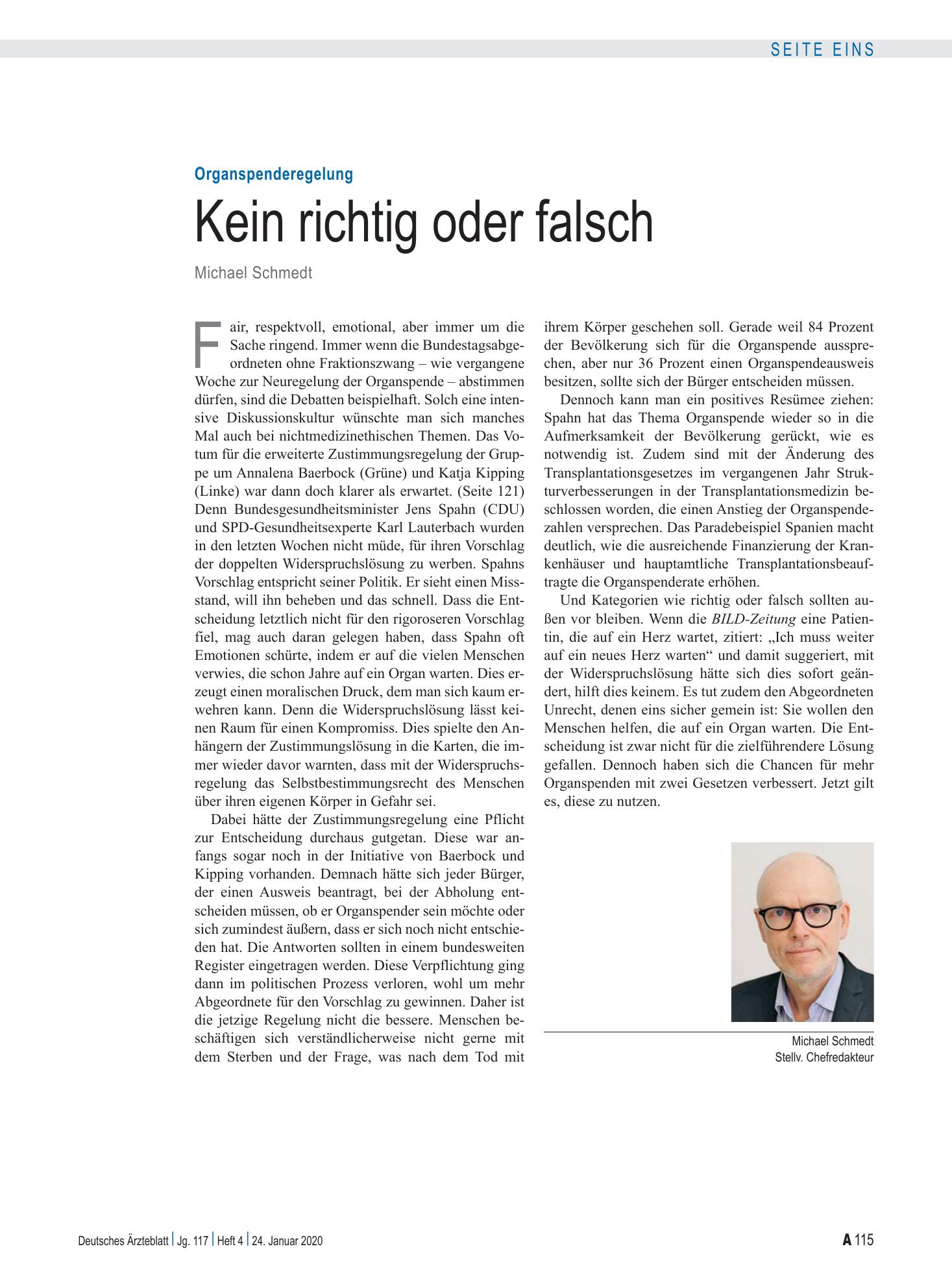 Vorschauseite 1: Organspenderegelung: Kein richtig oder falsch – Deutsches Ärzteblatt