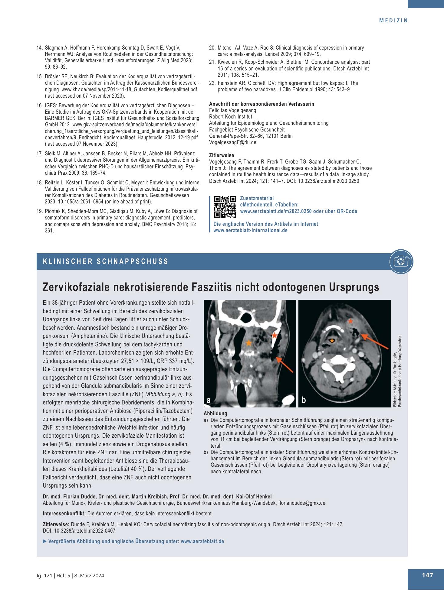 Vorschauseite 1: Zervikofaziale nekrotisierende Fasziitis nicht odontogenen Ursprungs – Deutsches Ärzteblatt